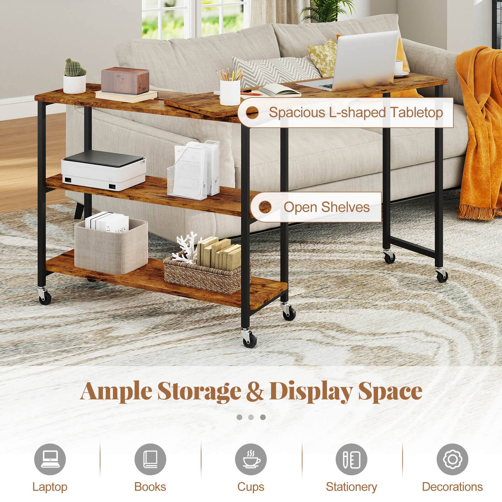 Spacious L-shaped Tabletop  
Open Shelves  

Ample Storage & Display Space  

- Laptop  
- Books  
- Cups  
- Stationery  
- Decorations