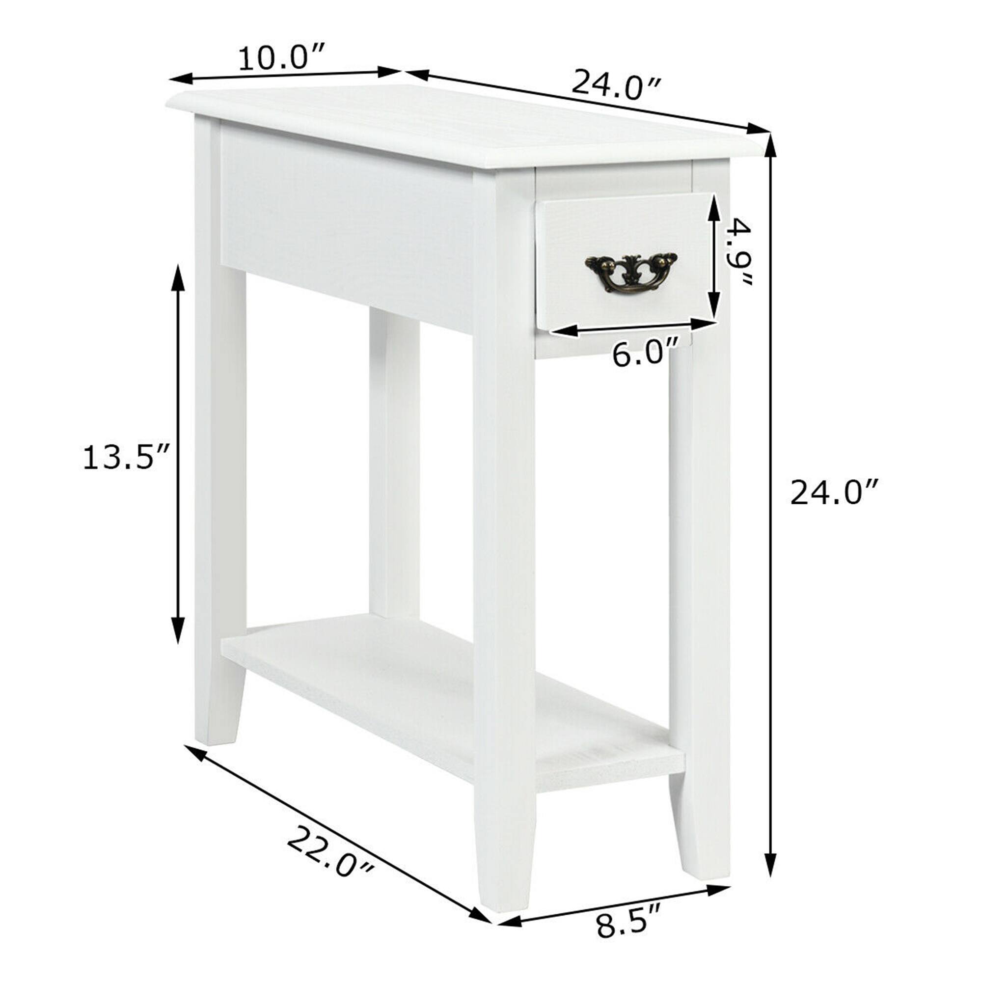 Width: 24.0"
Depth: 10.0"
Height: 13.5"
Drawer height: 6.0"
Drawer width: 4.9"
Shelf width: 22.0"
Leg width: 8.5"