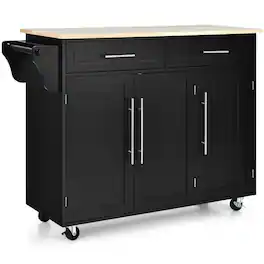 Kadyn - Kitchen Island Trolley Wood Top Rolling Storage Cabinet Cart with Knife Block-Black, Kitchen Island, Island Table - Black