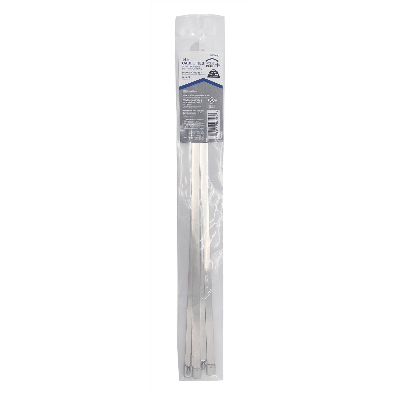 14 in CABLE TIES  
TOMES PLUS+  
5 pack  
Indoor/Outdoor  
Max. Tensile Strength: 100 lbs  
Max. Working Load: 50 lbs  
3066027