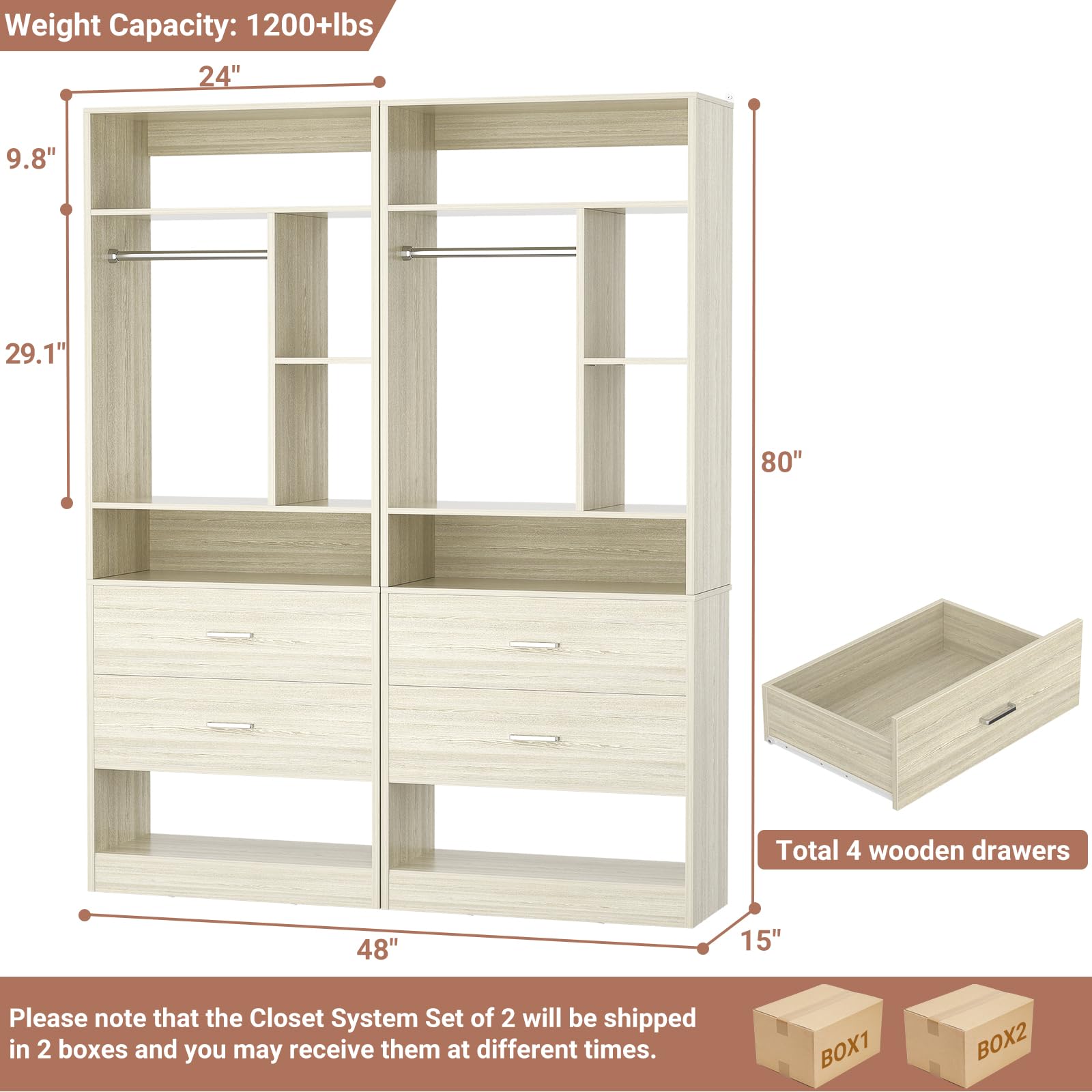 Weight Capacity: 1200+lbs  
24"  
9.8"  
29.1"  
80"  
48"  
15"  

Total 4 wooden drawers  

Please note that the Closet System Set of 2 will be shipped in 2 boxes and you may receive them at different times.  
BOX1  
BOX2