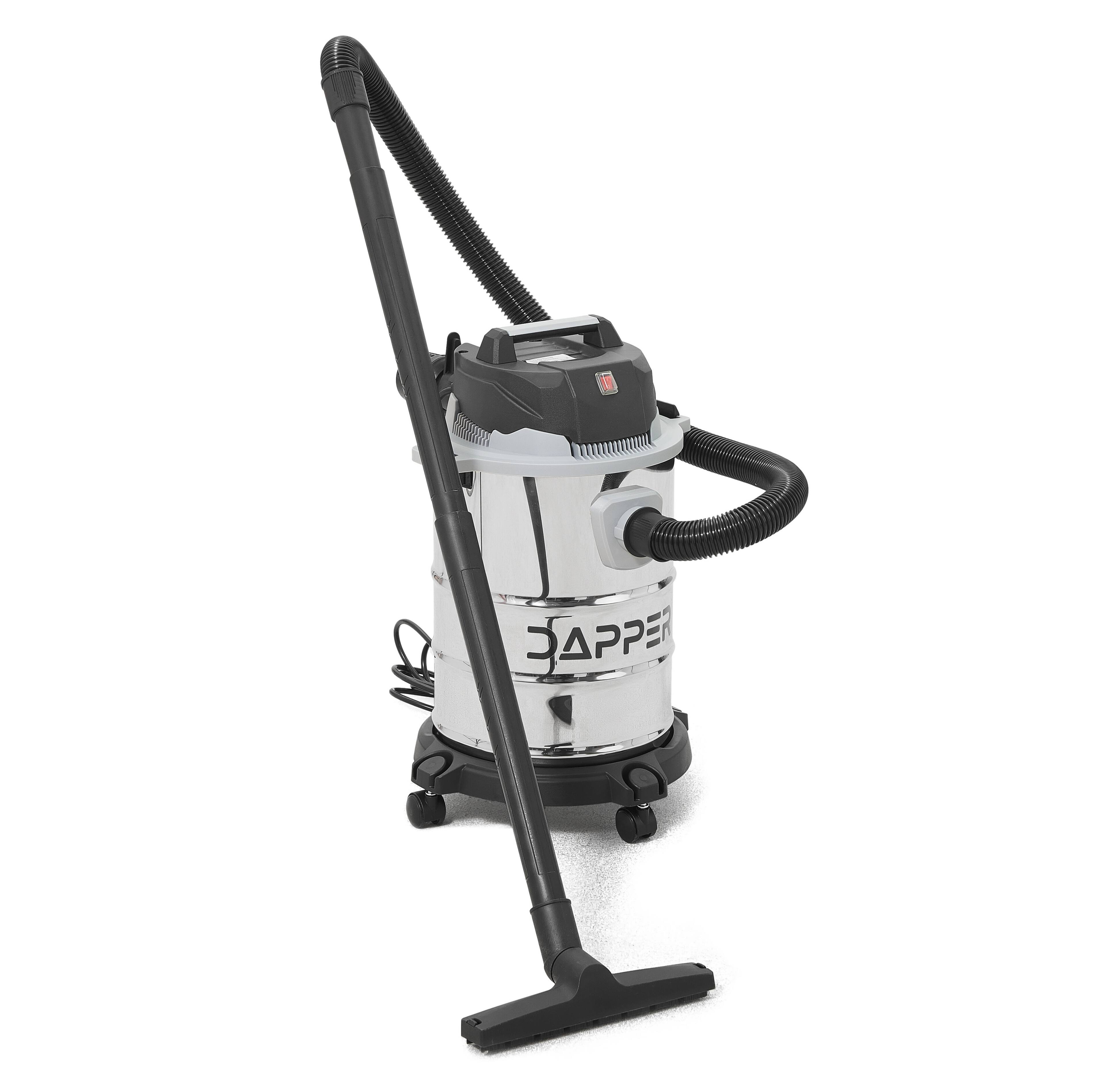 Angle. Dapper Supply - 6 Gallon 3.0 Peak HP Wet Dry Vacuum Stainless Steel Shop Vac with Attachments for Garage Workshop - Silver.