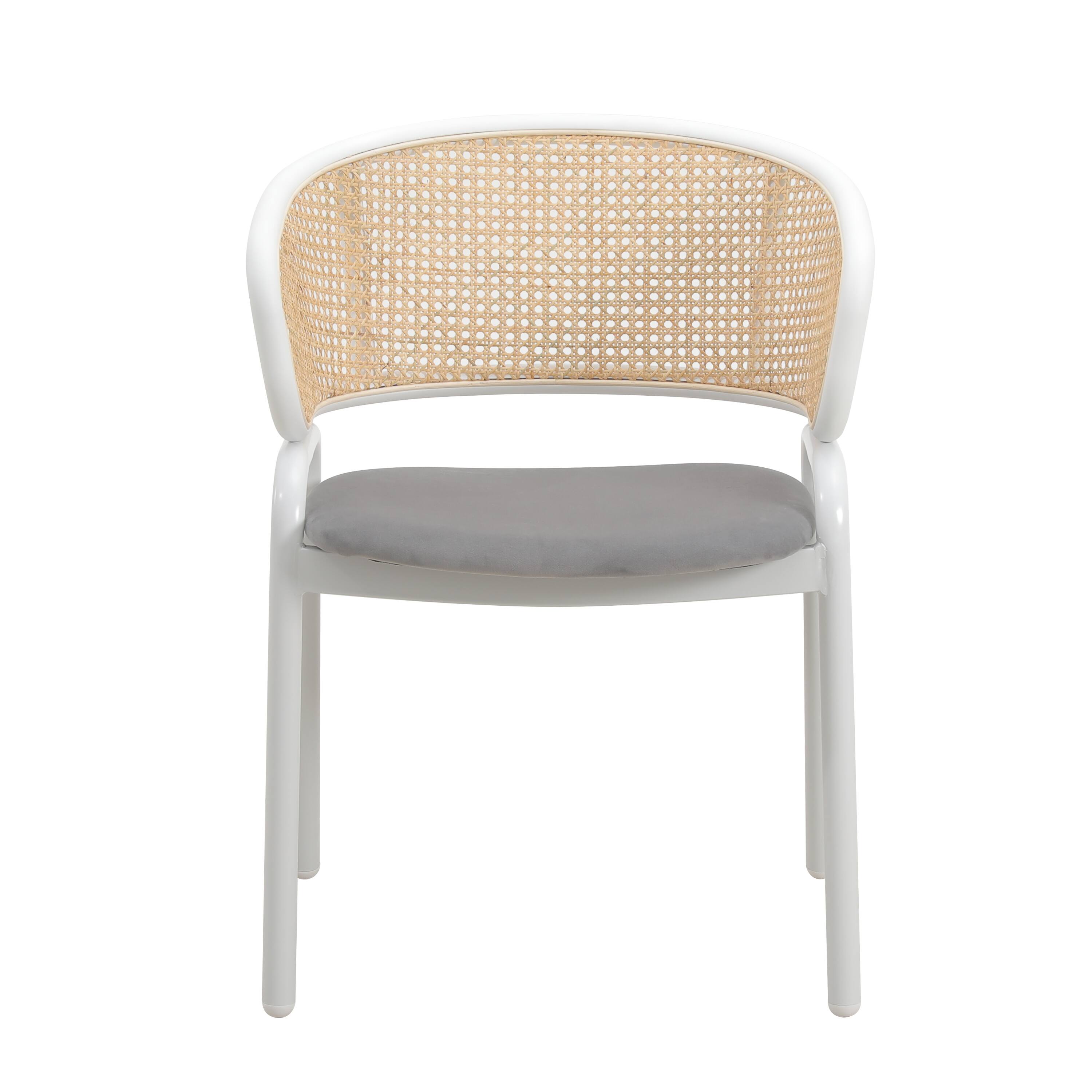 Alt View 2. LeisureMod - Ervilla Mid-Century Velvet Dining Armchair - Modern Rattan Back Accent Kitchen Chair with Metal Legs - Grey.
