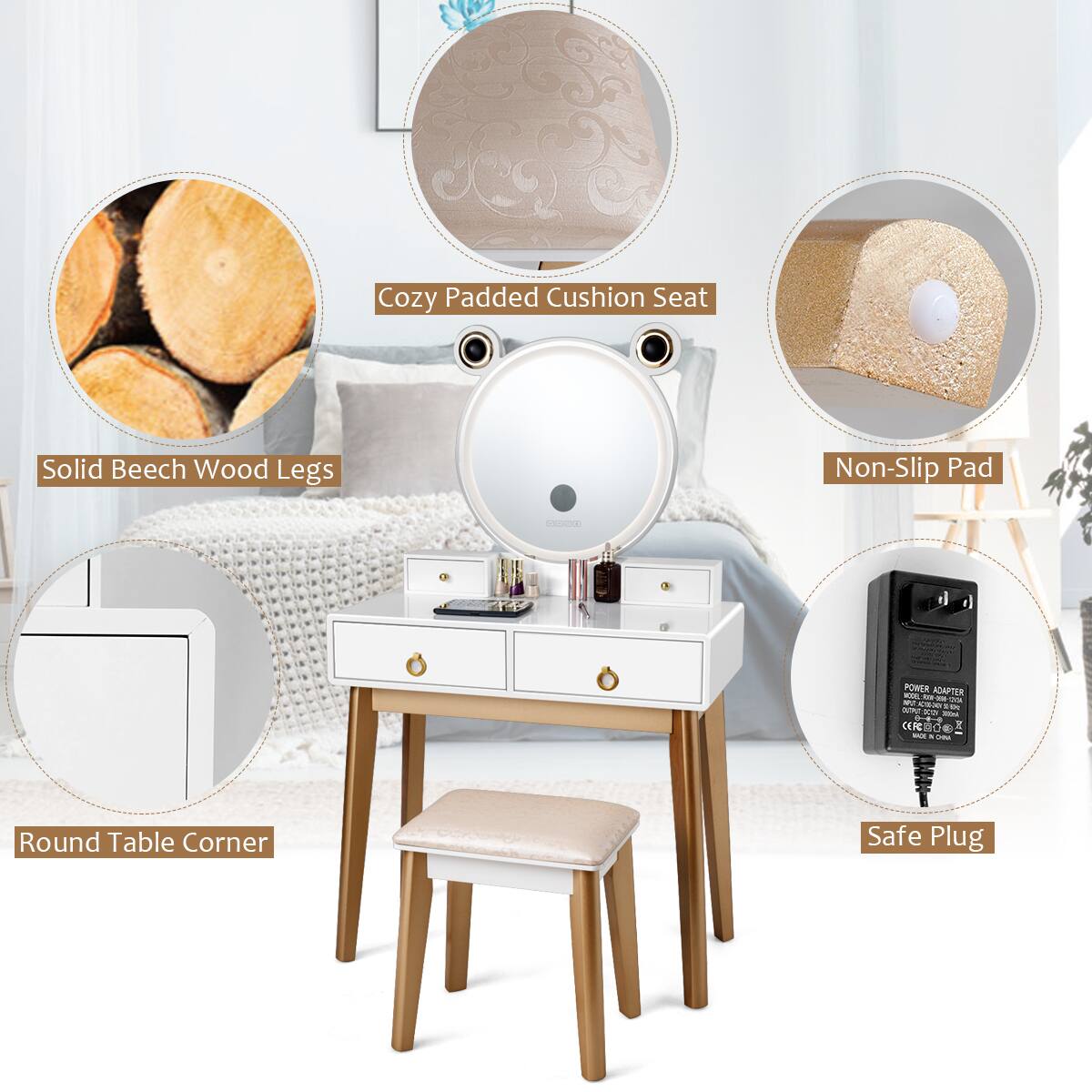 - Cozy Padded Cushion Seat
- Solid Beech Wood Legs
- Non-Slip Pad
- Round Table Corner
- Safe Plug