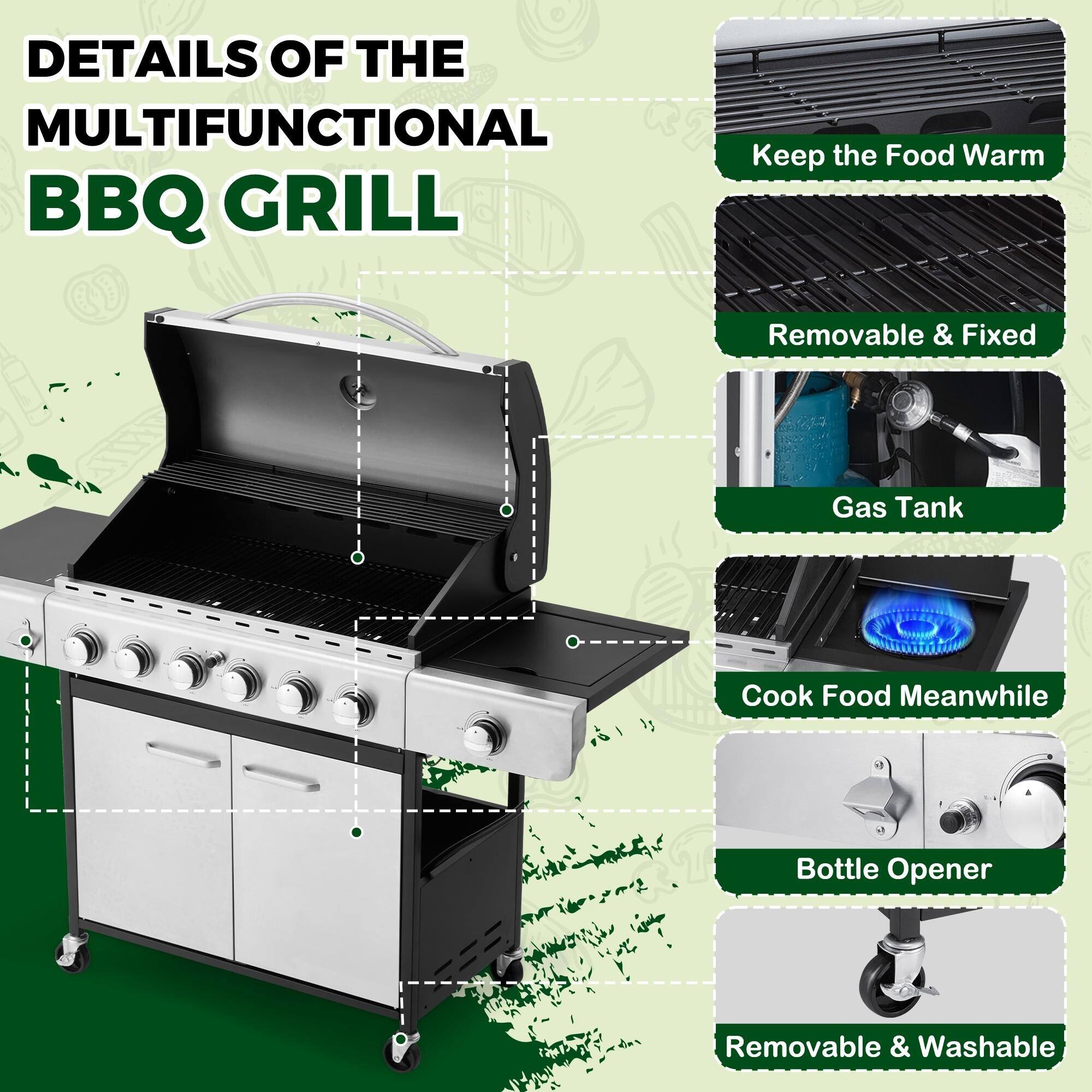 DETAILS OF THE MULTIFUNCTIONAL BBQ GRILL

- Keep the Food Warm
- Removable & Fixed Gas Tank
- Cook Food Meanwhile
- Bottle Opener
- Removable & Washable