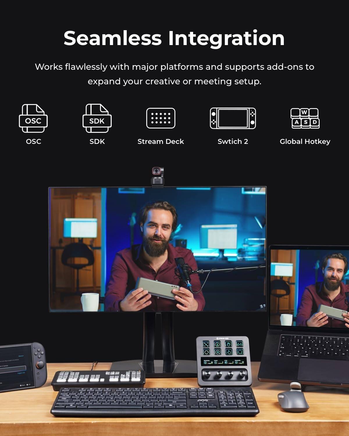Seamless Integration  
Works flawlessly with major platforms and supports add-ons to expand your creative or meeting setup.  

OSC  
SDK  
Stream Deck  
Switch 2  
Global Hotkey