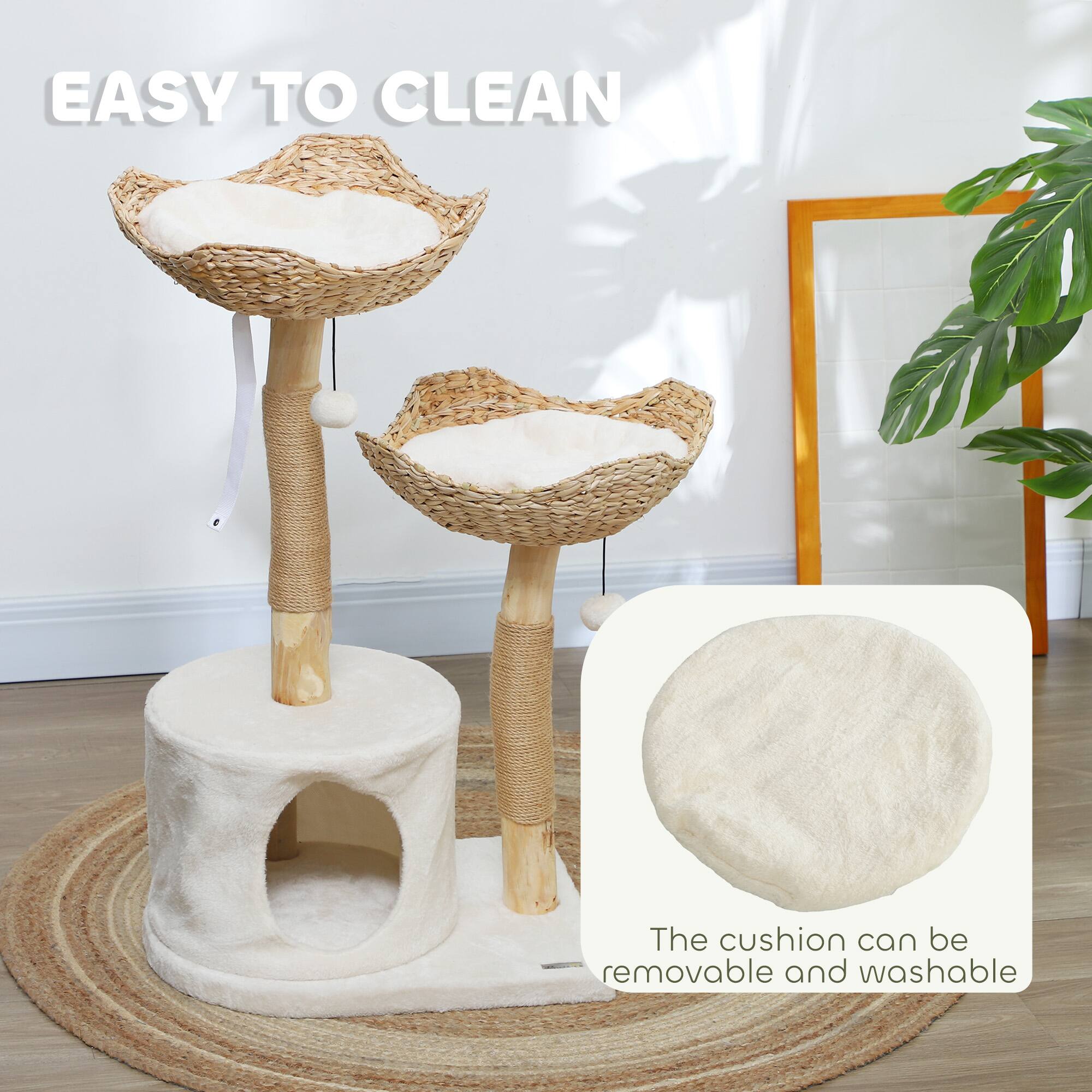 Alt View 2. Pawhut - 37" Cat Tree Tower for Indoor Cats, Modern Style with Wooden Scratching Posts, Condo, Beds, Toy Balls, Washable Cushions - Cream White.