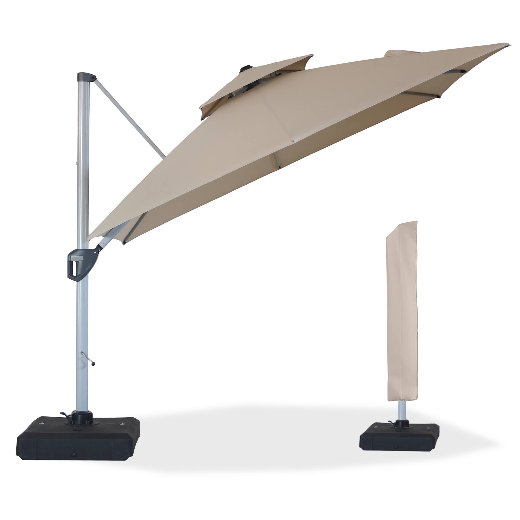 Angle. Mondawe - 10ft. Square Aluminum 360°Cantilever Patio Umbrella with Base - Beige.