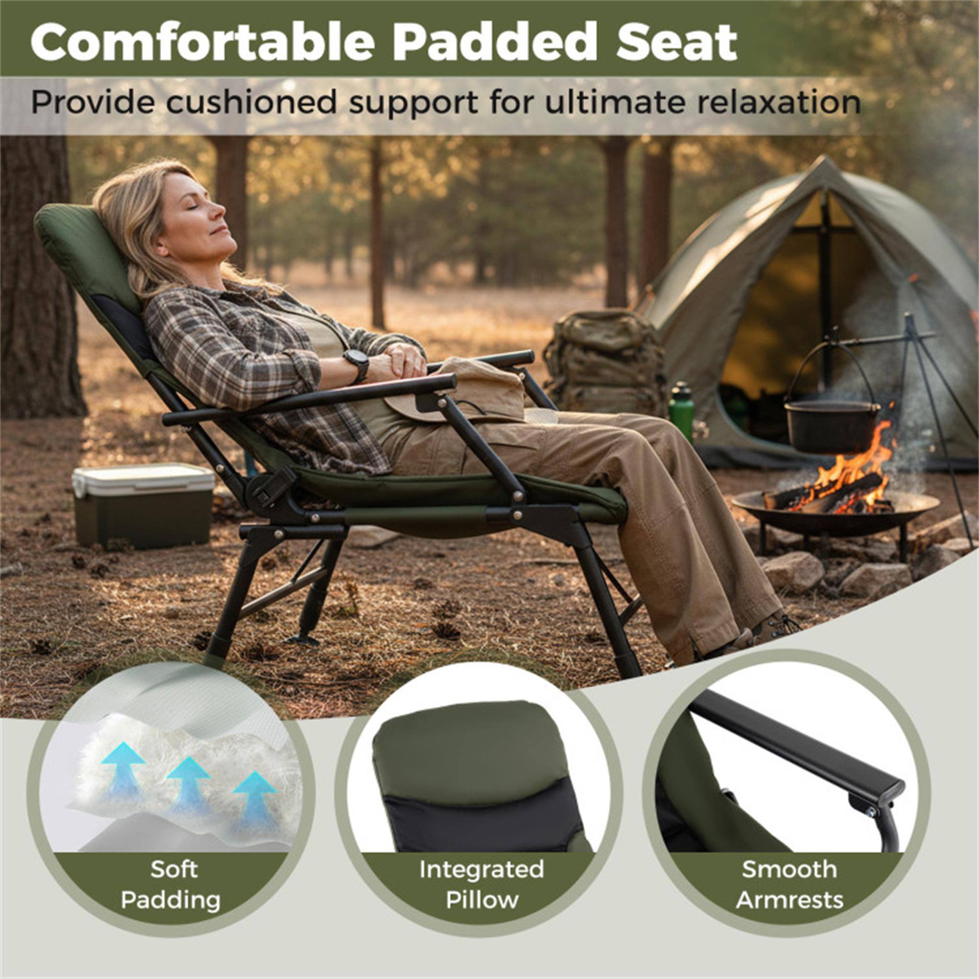 Comfortable Padded Seat  
Provide cushioned support for ultimate relaxation  

- Soft Padding  
- Integrated Pillow  
- Smooth Armrests