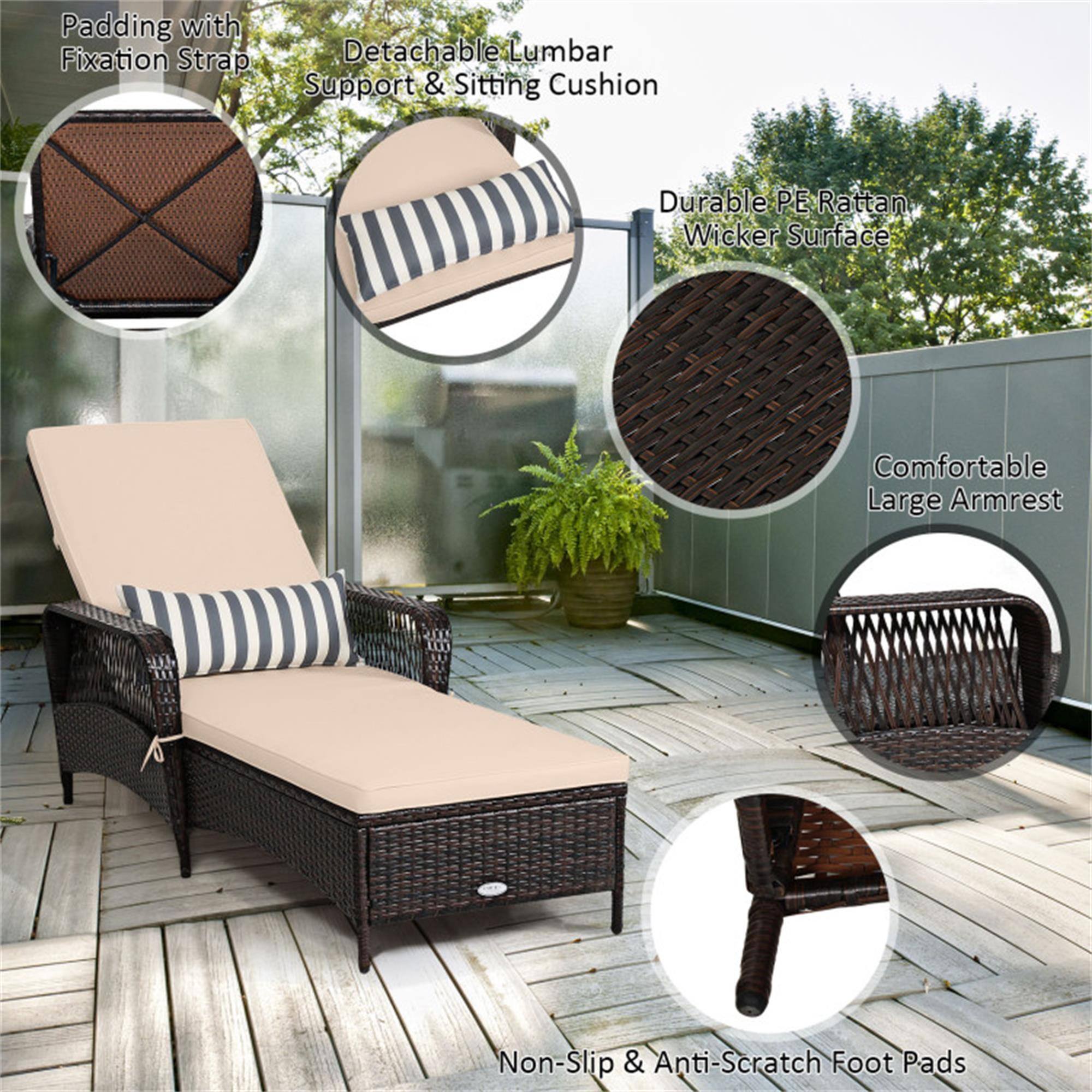 - Padding with Fixation Strap
- Detachable Lumbar Support & Sitting Cushion
- Durable PE Rattan Wicker Surface
- Comfortable Large Armrest
- Non-Slip & Anti-Scratch Foot Pads