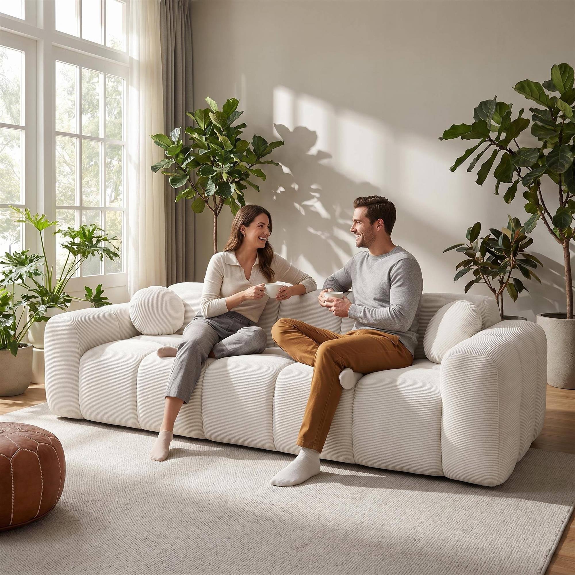 Left. Boyel Living - 98.4-Inch Corduroy 3-Seat Cloud Floor Sofa with 2 Pillows - White.