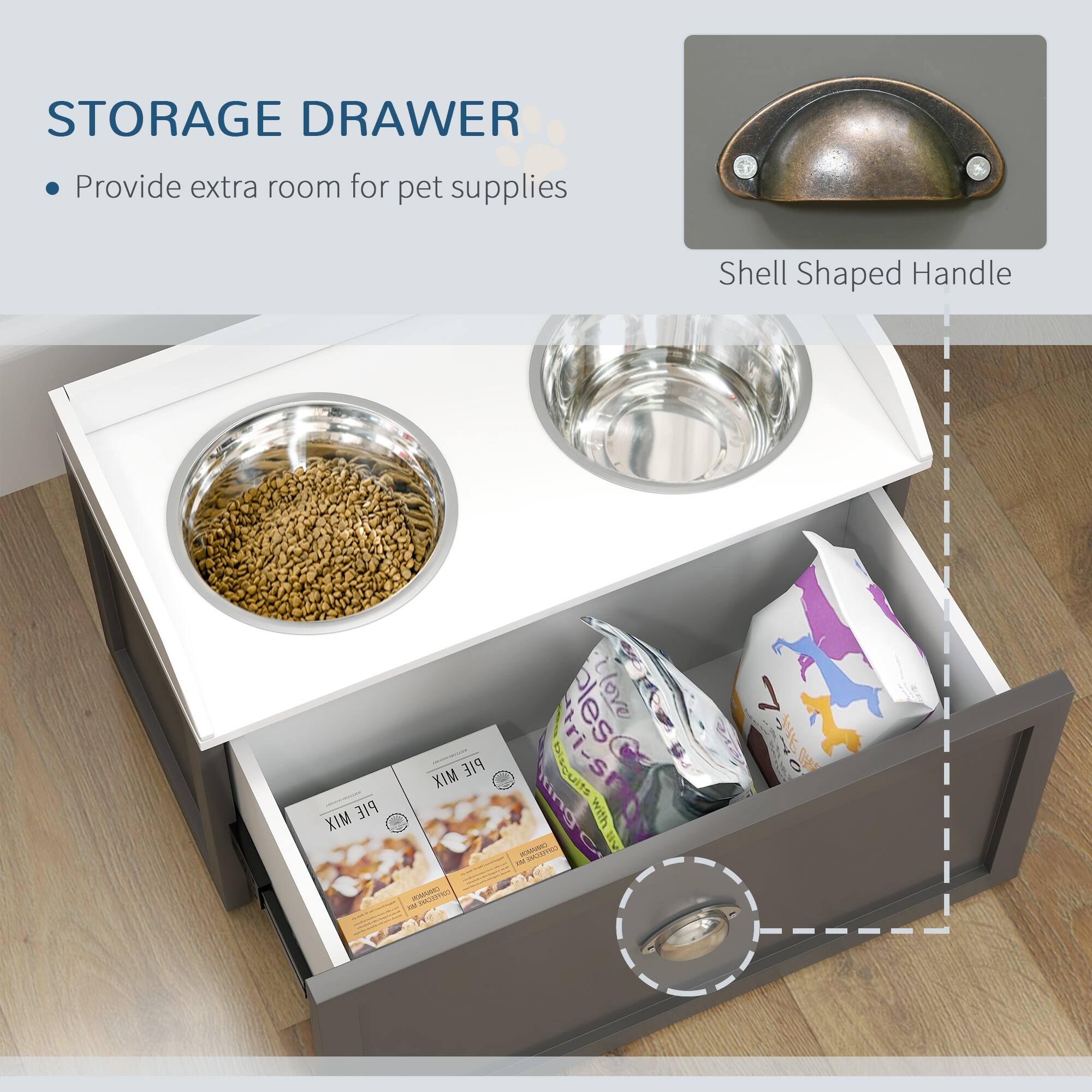 STORAGE DRAWER  
- Provide extra room for pet supplies  

Shell Shaped Handle