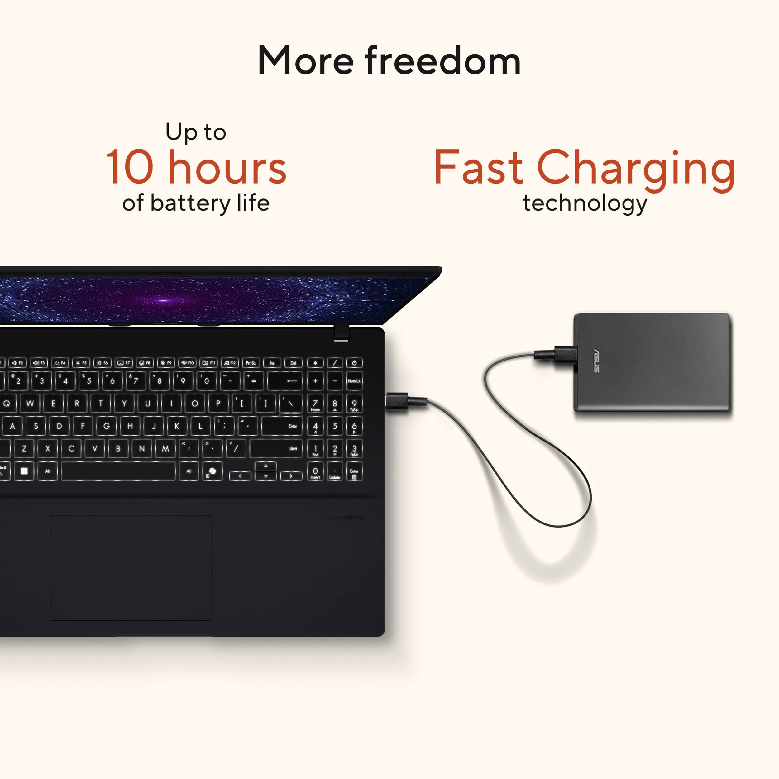 More freedom

Up to 10 hours of battery life

Fast Charging technology