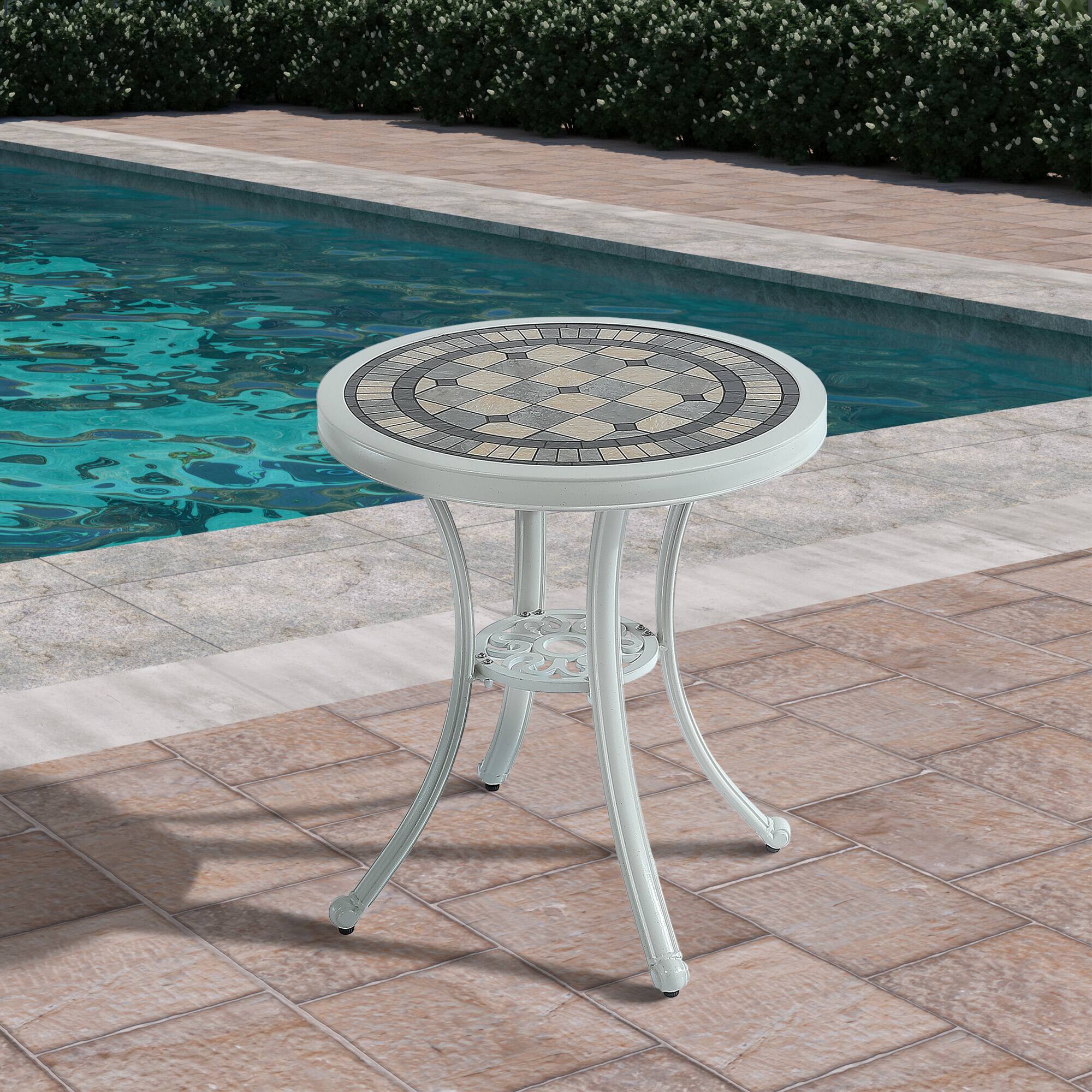 Left. Mondawe - Round Cast Aluminum Patio Table Outdoor Bistro Table - White.