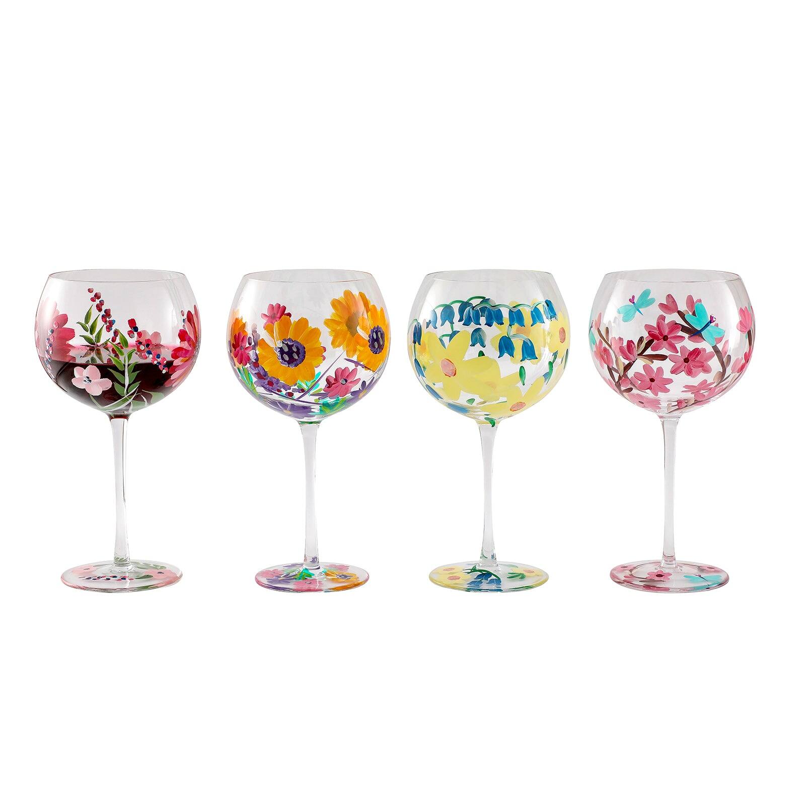 Front. BreeBe - Hand Painted Flowers Wine Glasses set of 4 - Clear.