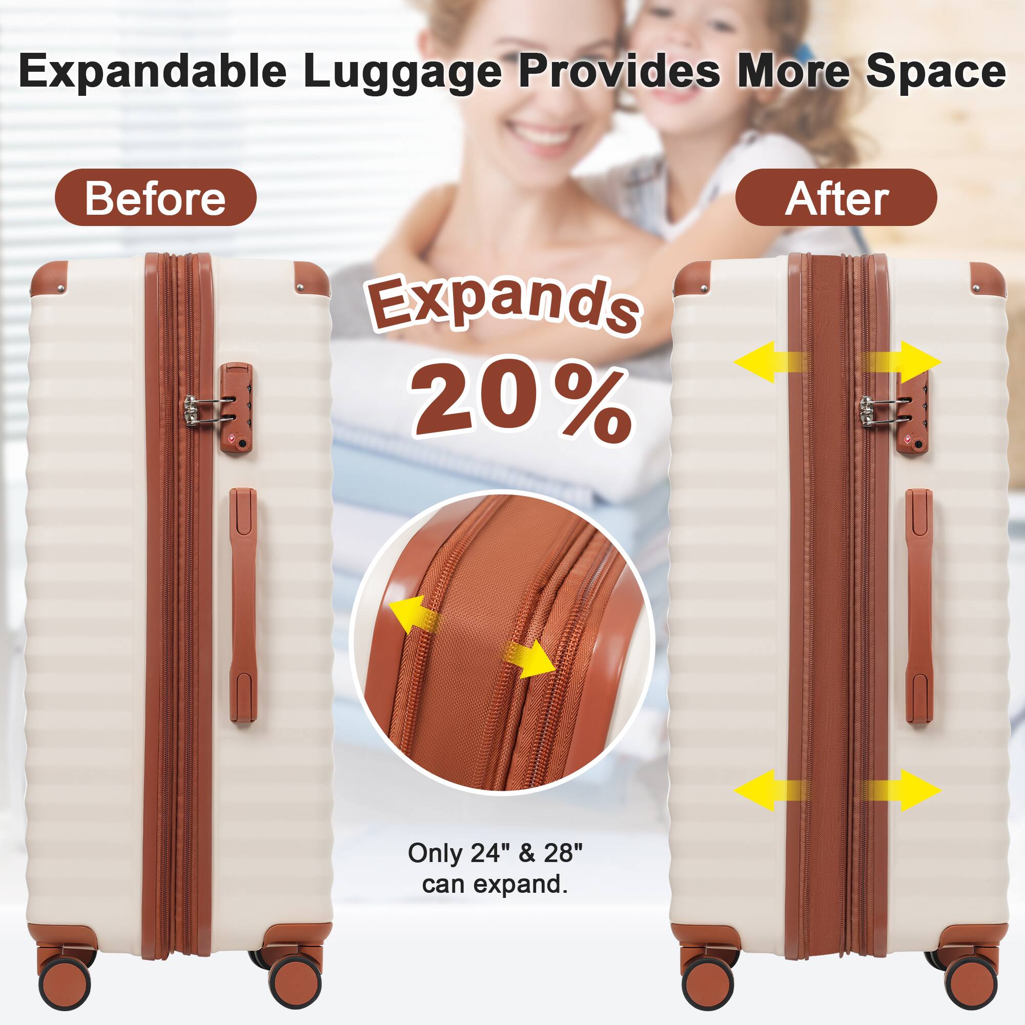 Expandable Luggage Provides More Space

Before

Expands 20%

After

Only 24" & 28" can expand.