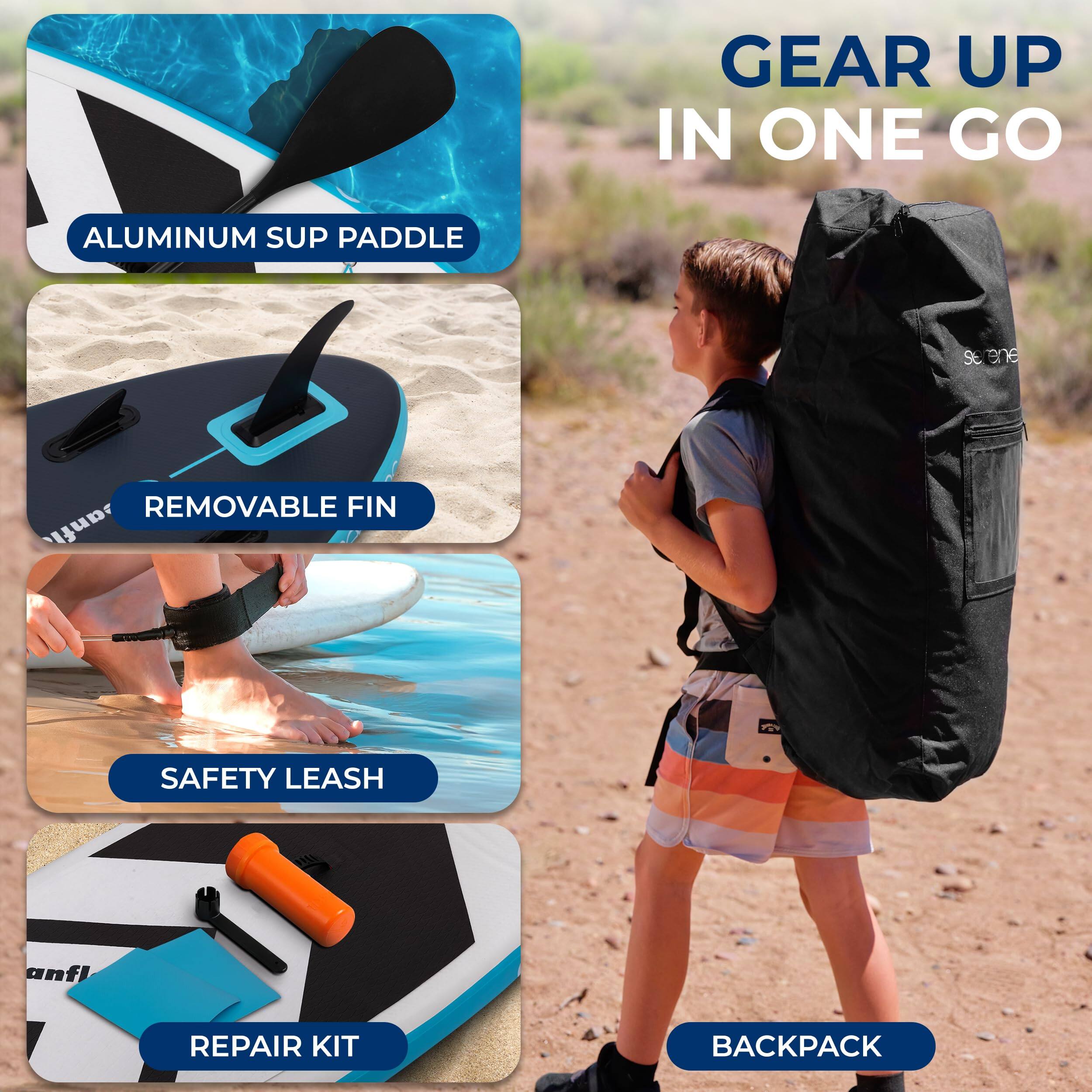 GEAR UP IN ONE GO

- ALUMINUM SUP PADDLE
- REMOVABLE FIN
- SAFETY LEASH
- REPAIR KIT
- BACKPACK