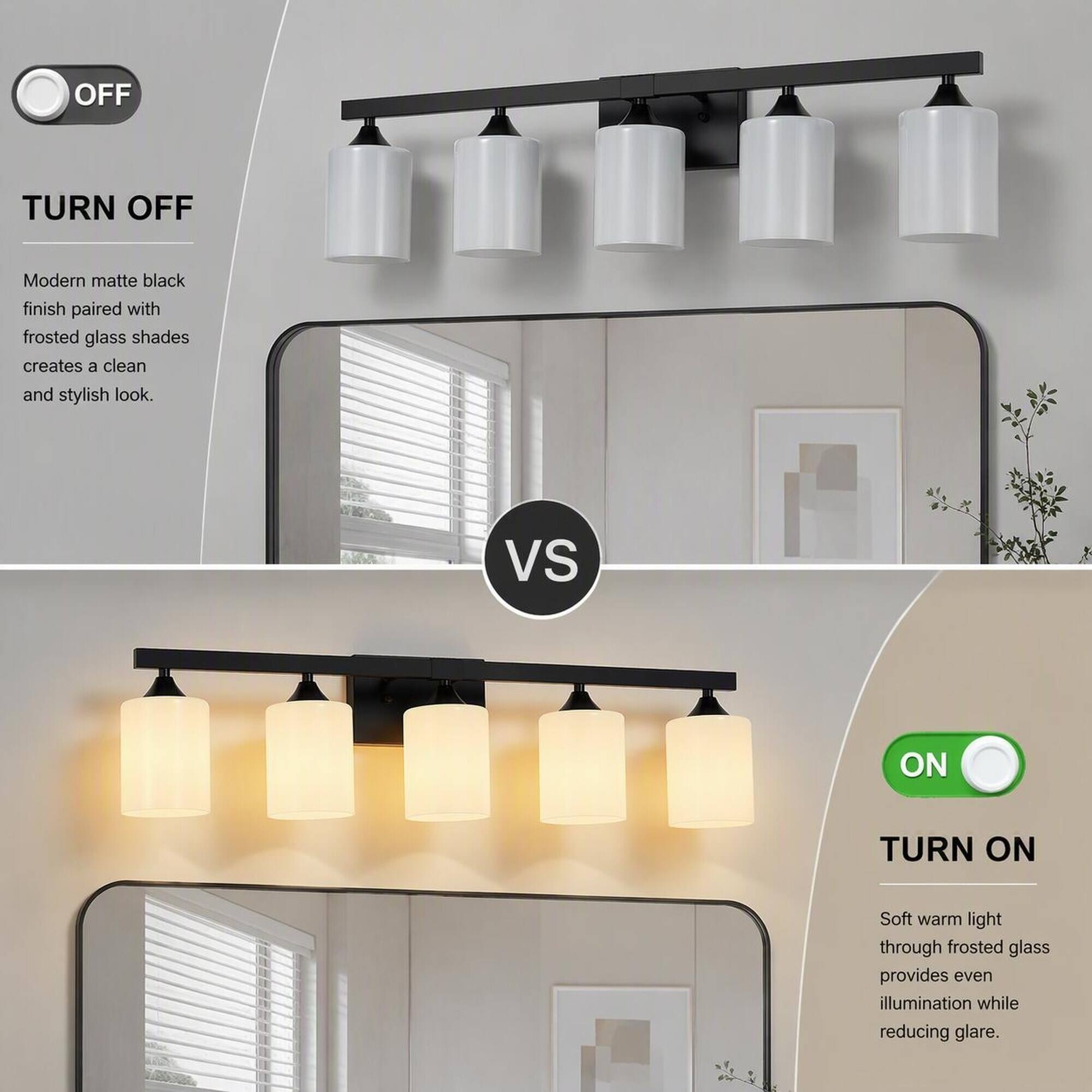 OFF  
TURN OFF  
Modern matte black finish paired with frosted glass shades creates a clean and stylish look.  

VS  

ON  
TURN ON  
Soft warm light through frosted glass provides even illumination while reducing glare.