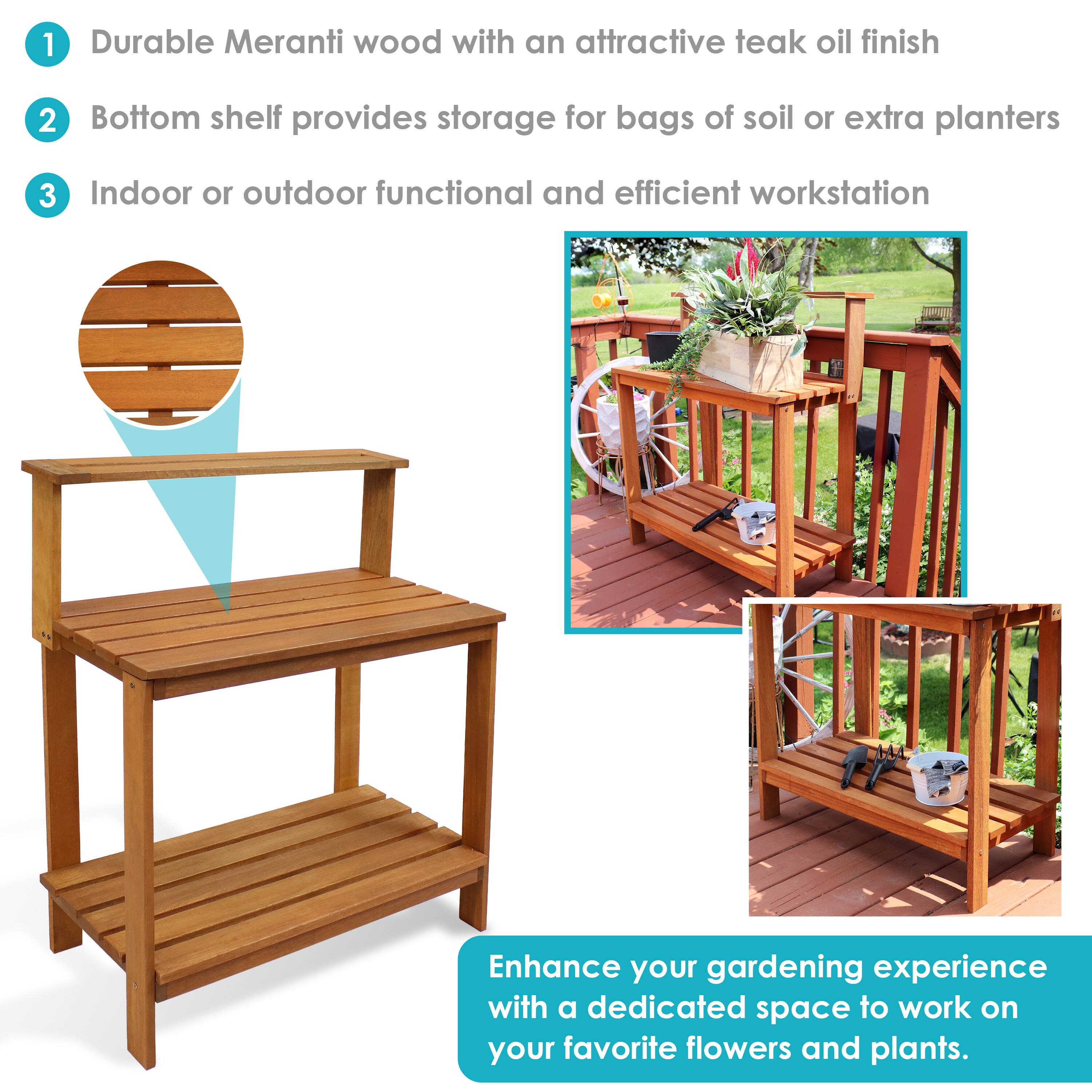 1. Durable Meranti wood with an attractive teak oil finish
2. Bottom shelf provides storage for bags of soil or extra planters
3. Indoor or outdoor functional and efficient workstation

Enhance your gardening experience with a dedicated space to work on your favorite flowers and plants.