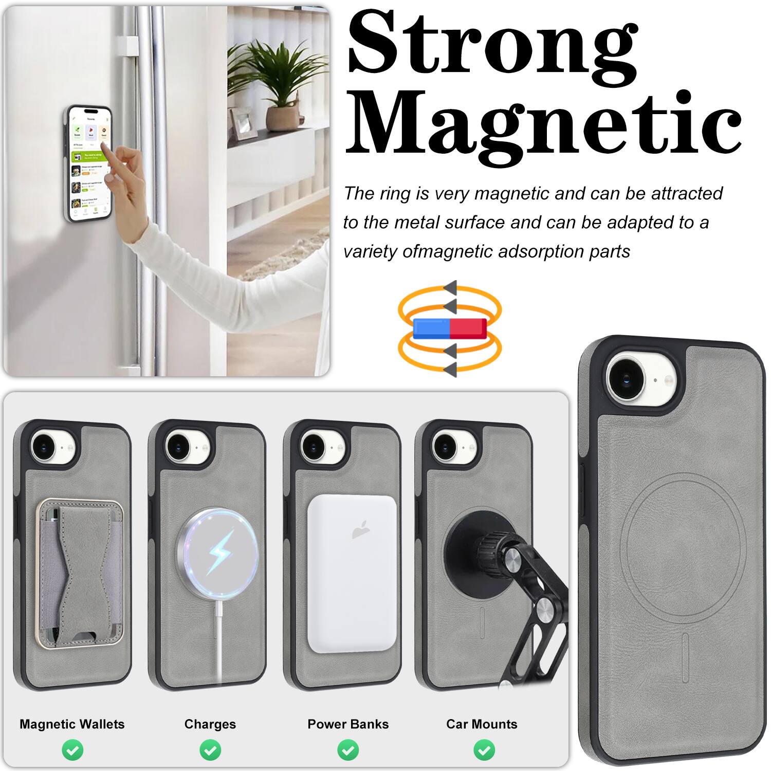 Strong Magnetic  
The ring is very magnetic and can be attracted to the metal surface and can be adapted to a variety of magnetic adsorption parts.

- Magnetic Wallets
- Charges
- Power Banks
- Car Mounts