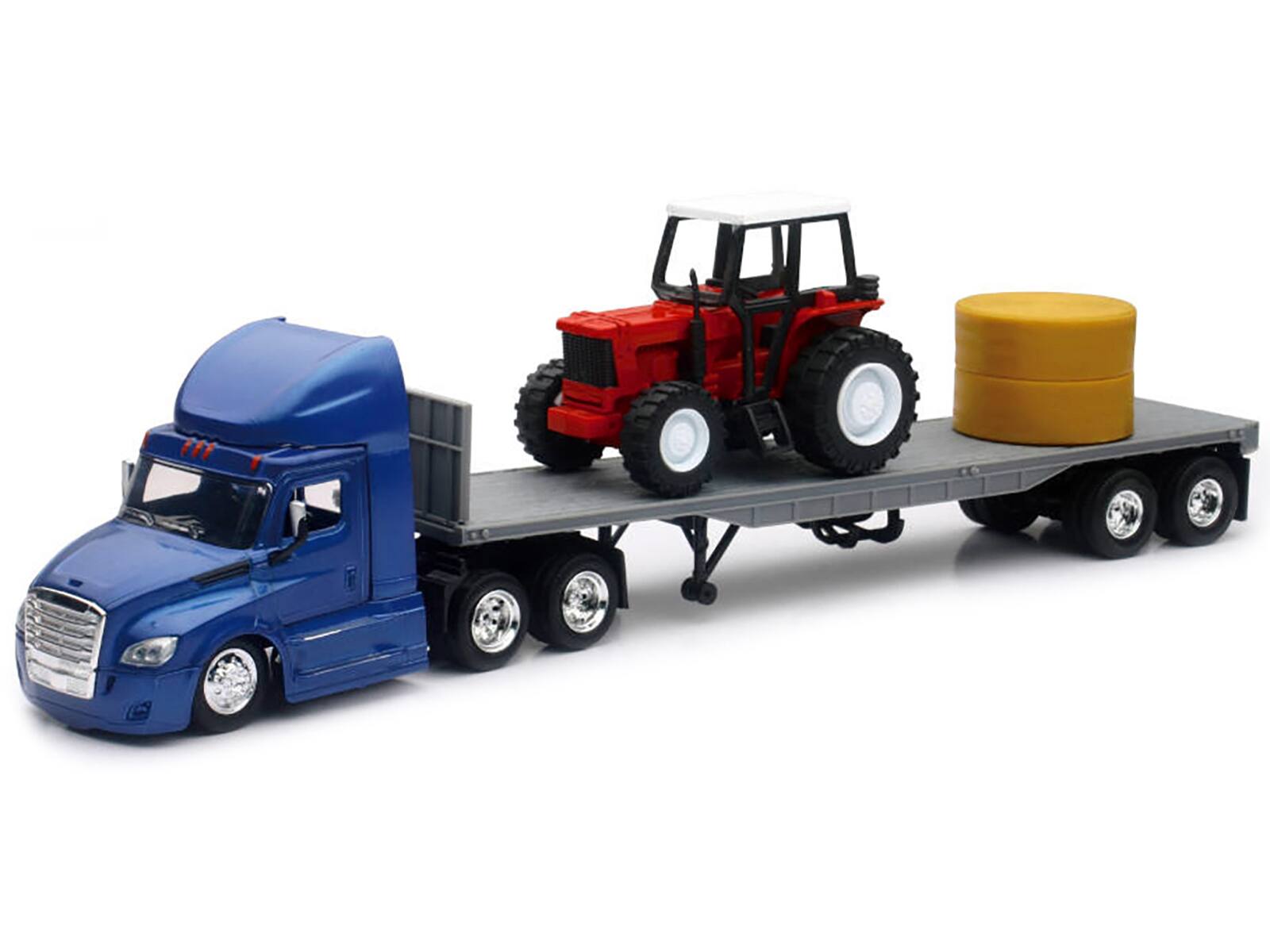 Alt View 1. New Ray - Freightliner Cascadia w/Flatbed Trailer Blue w/Farm Tractor Red and Hay Bales "Long Haul Trucker" 1/43 Model by New Ray.