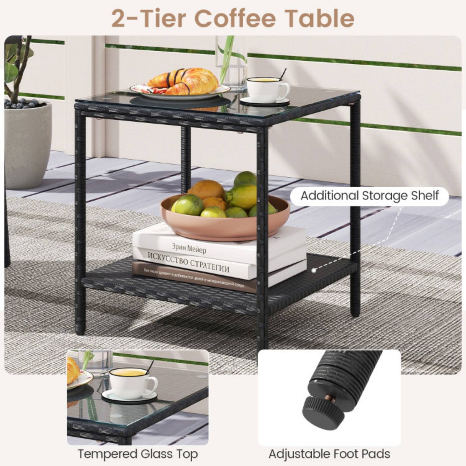 2-Tier Coffee Table  
- Additional Storage Shelf  
- Tempered Glass Top  
- Adjustable Foot Pads
