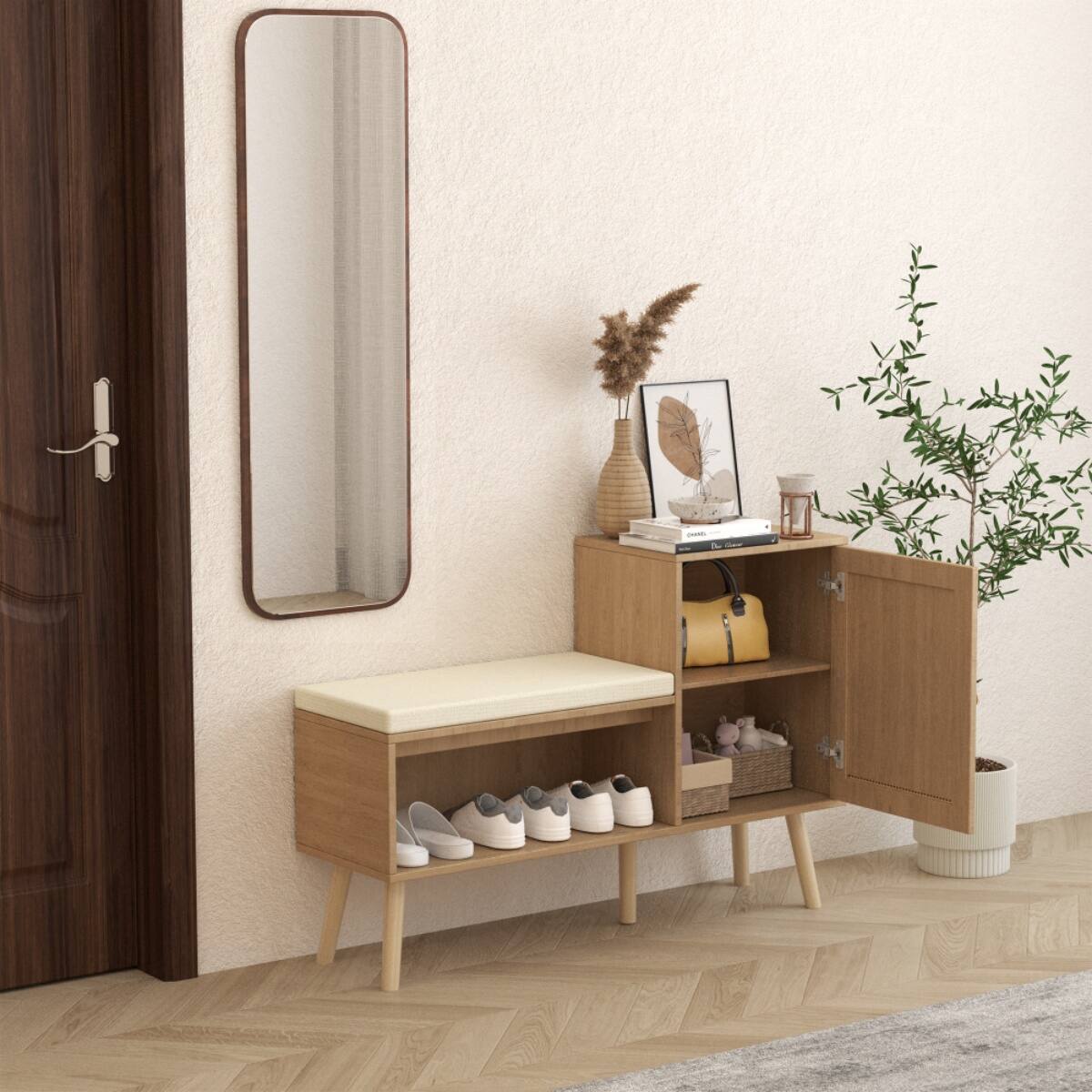 Alt View 2. HTUTWOO - 2-in-1 Entryway Shoe Bench with Cabinet - Rattan Shoe Organizer with Cushion,for Hallway,Living Room,Apartments & Homes - Brown.