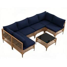Ainfox - 7-Piece Patio Furniture Set, Outdoor Wicker Modular Sectional Patio Conversation Set Ideal for Backyard Poolside - Blue