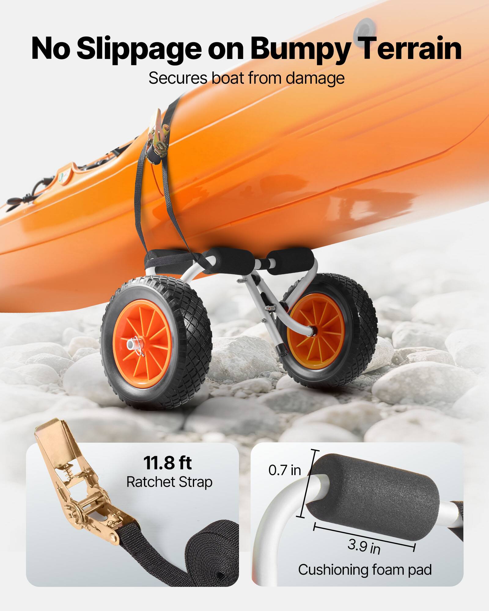 No Slippage on Bumpy Terrain  
Secures boat from damage  

11.8 ft Ratchet Strap  
0.7 in x 3.9 in Cushioning foam pad