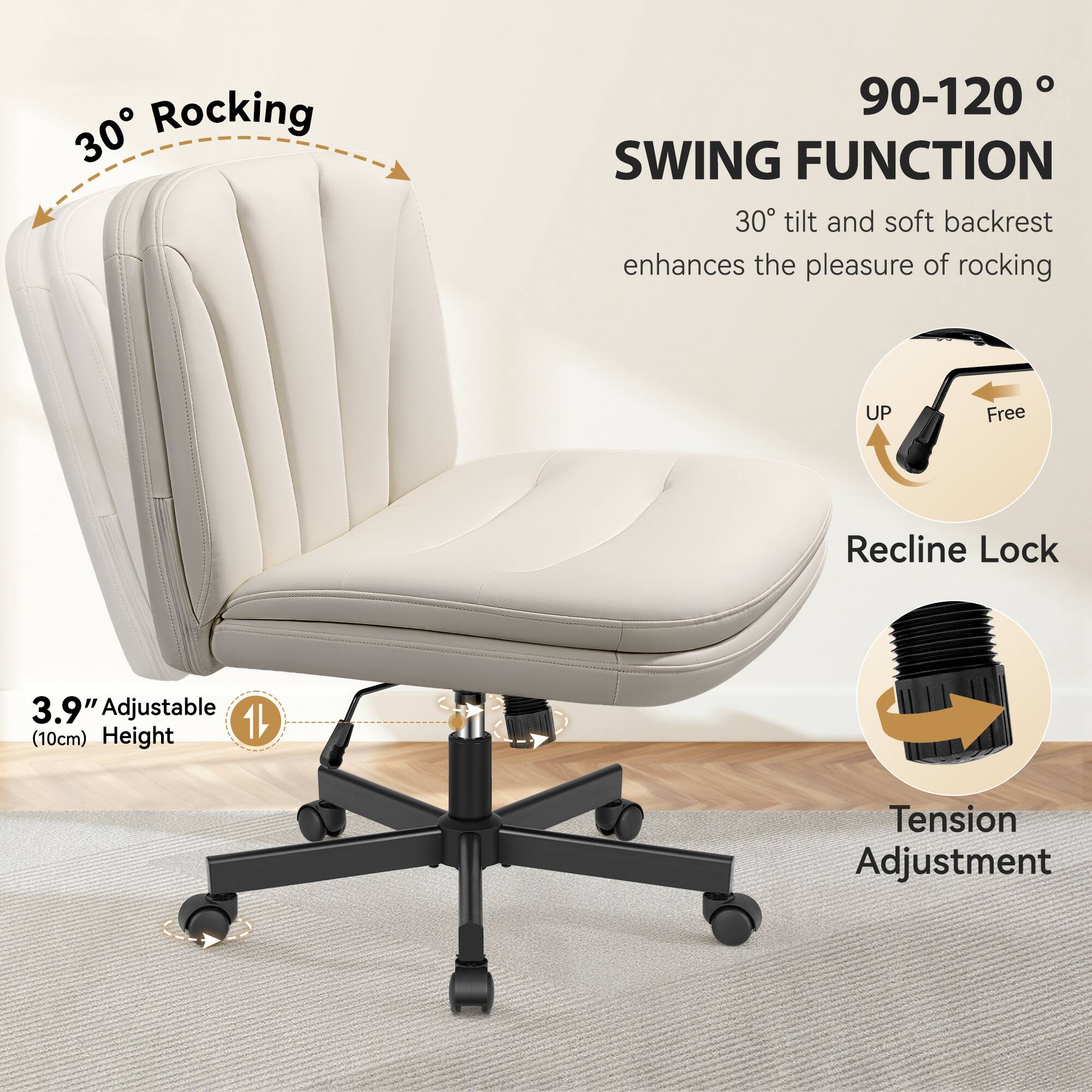 30° Rocking

90-120° SWING FUNCTION
30° tilt and soft backrest enhances the pleasure of rocking

UP Free Recline Lock

3.9" Adjustable (10cm) Height

Tension Adjustment