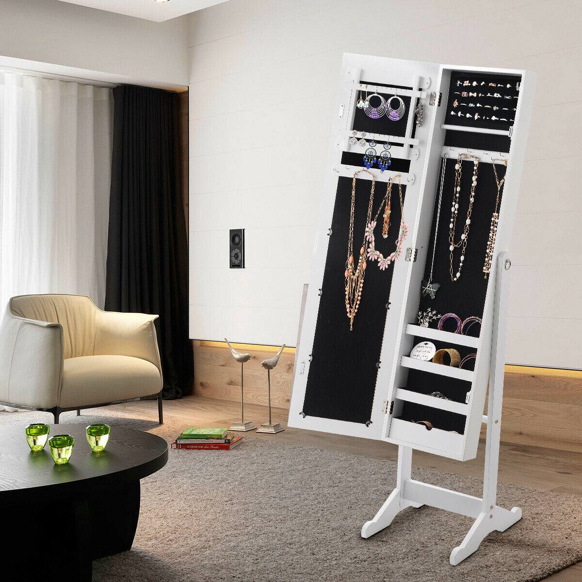 Angle. Costway - Mirrored Jewelry Cabinet Mirror Organizer Storage Ring Stand - White.