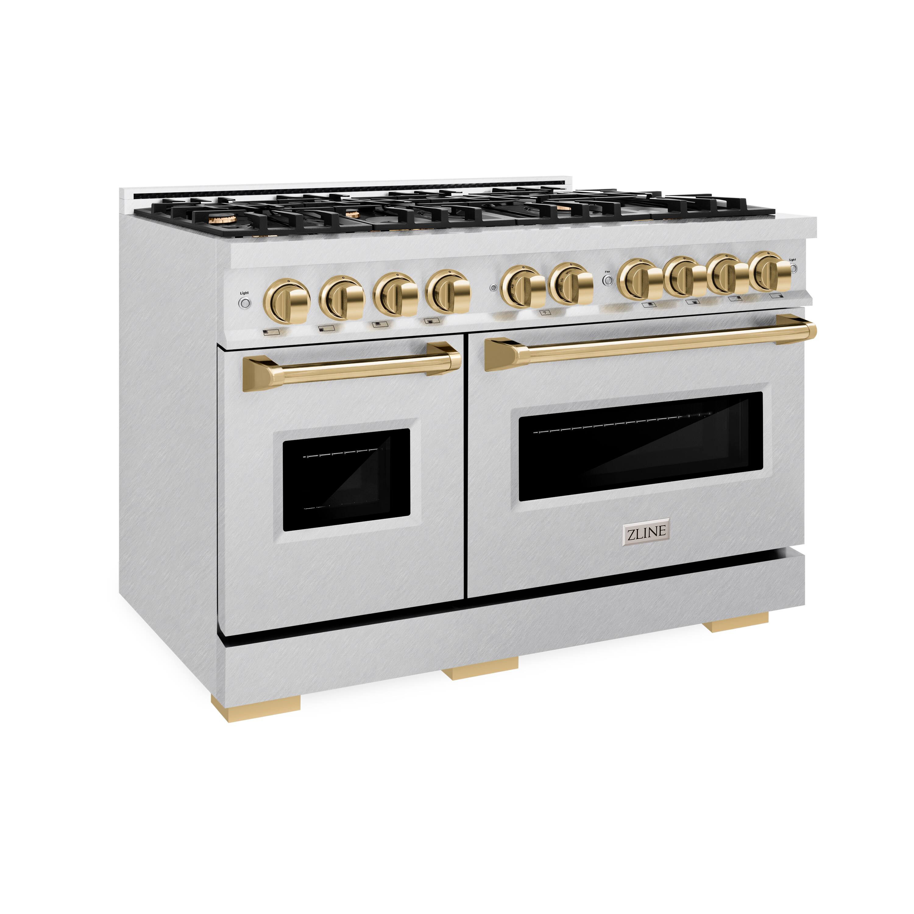 ZLINE is the brand of the stainless steel oven and stove shown in the image.