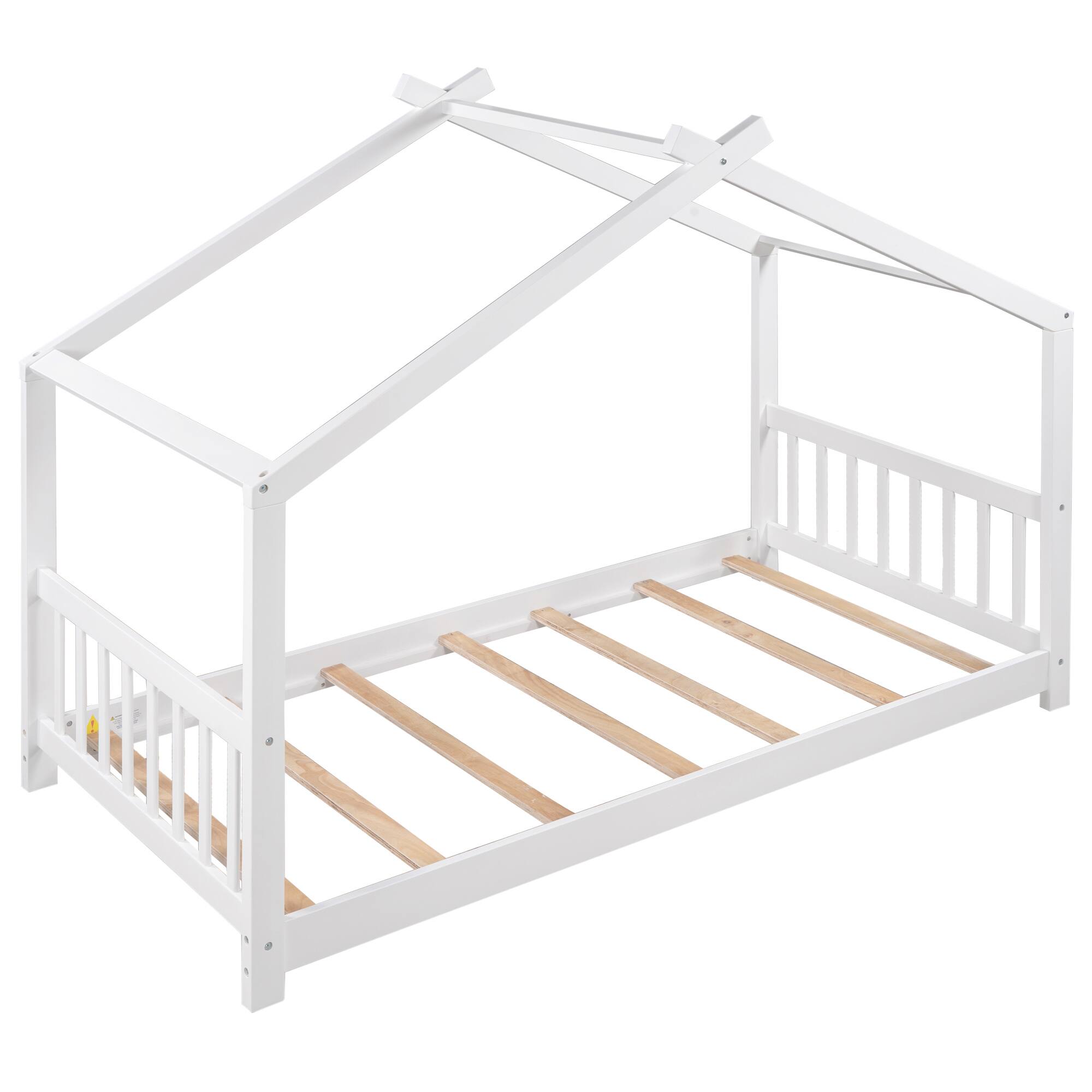 Angle. Spaco - Spaco Twin House Bed with Roof Headboard, Low Platform Design, Solid Pine Wood Frame and Easy Assembly for Kids Room - White.