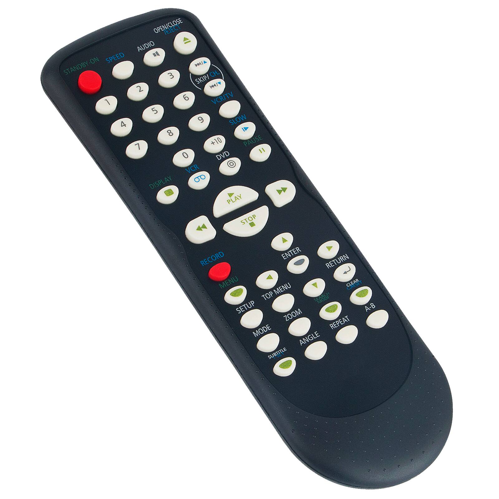 OPEN/CLOSE PEJEC  
AUDIO SPEED  
STANDBY-ON MA  
3 SKIP/CH. CH 2 WA/T 6 VCRITV 1 5 9 SLOW 4 8 7 +10 PAUSE 11 0 DVD VCR DISPLAY 00 PLAY STOP  
RECORD ENTER RETURN MENU MENU CLEAR TOP  
SETUP A-B ZOOM MODE REPEAT ANGLE SUBTITLE