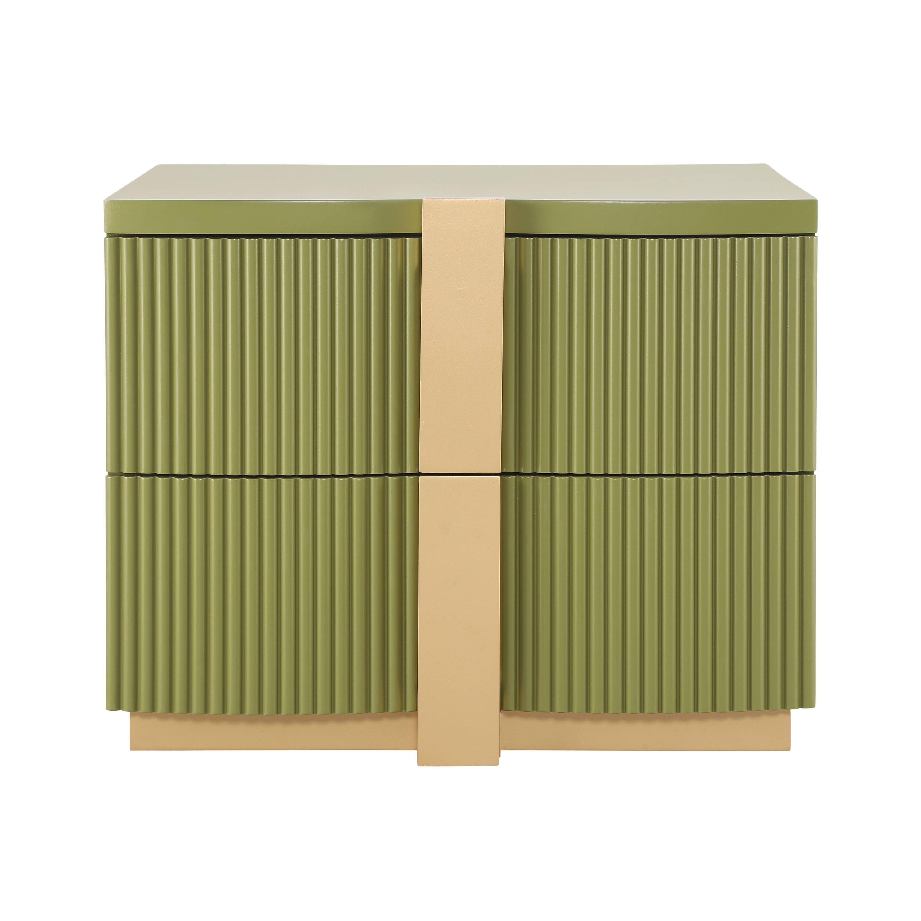 Left. Whisen - 2-Drawer Fluted Nightstand,Fully Assembled Bedside Table with Heavy-Duty Base and Gold Pulls - Olive Green.
