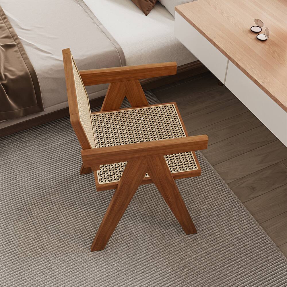 Alt View 2. POVISON - Mid-Century Modern Solid Wood Rattan Dining Chairs Set of 2 Armchairs for Kitchen & Bedroom, Light Walnut & Khaki - Light Walnut & Khaki.
