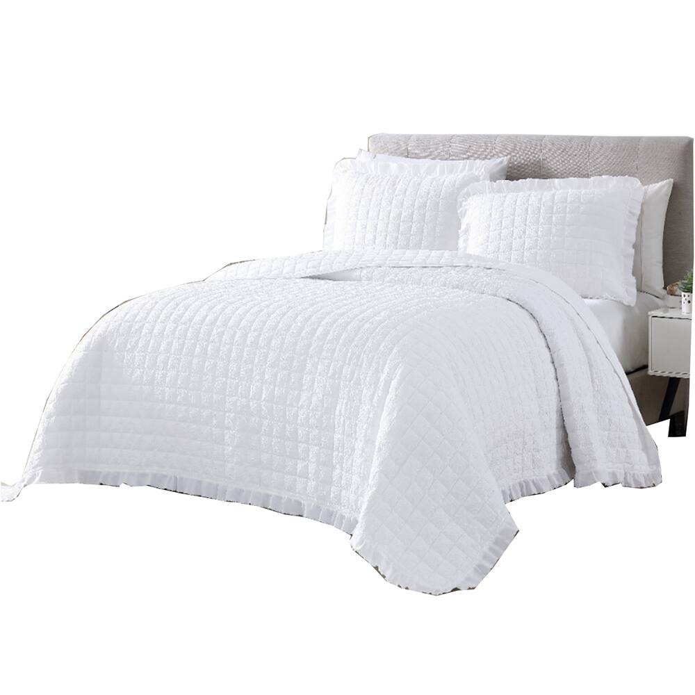 RT Designers Collection - Bolla Ruff 2 Pieces Washed Lightweight Quilts Set Twin Size For Bedding - White