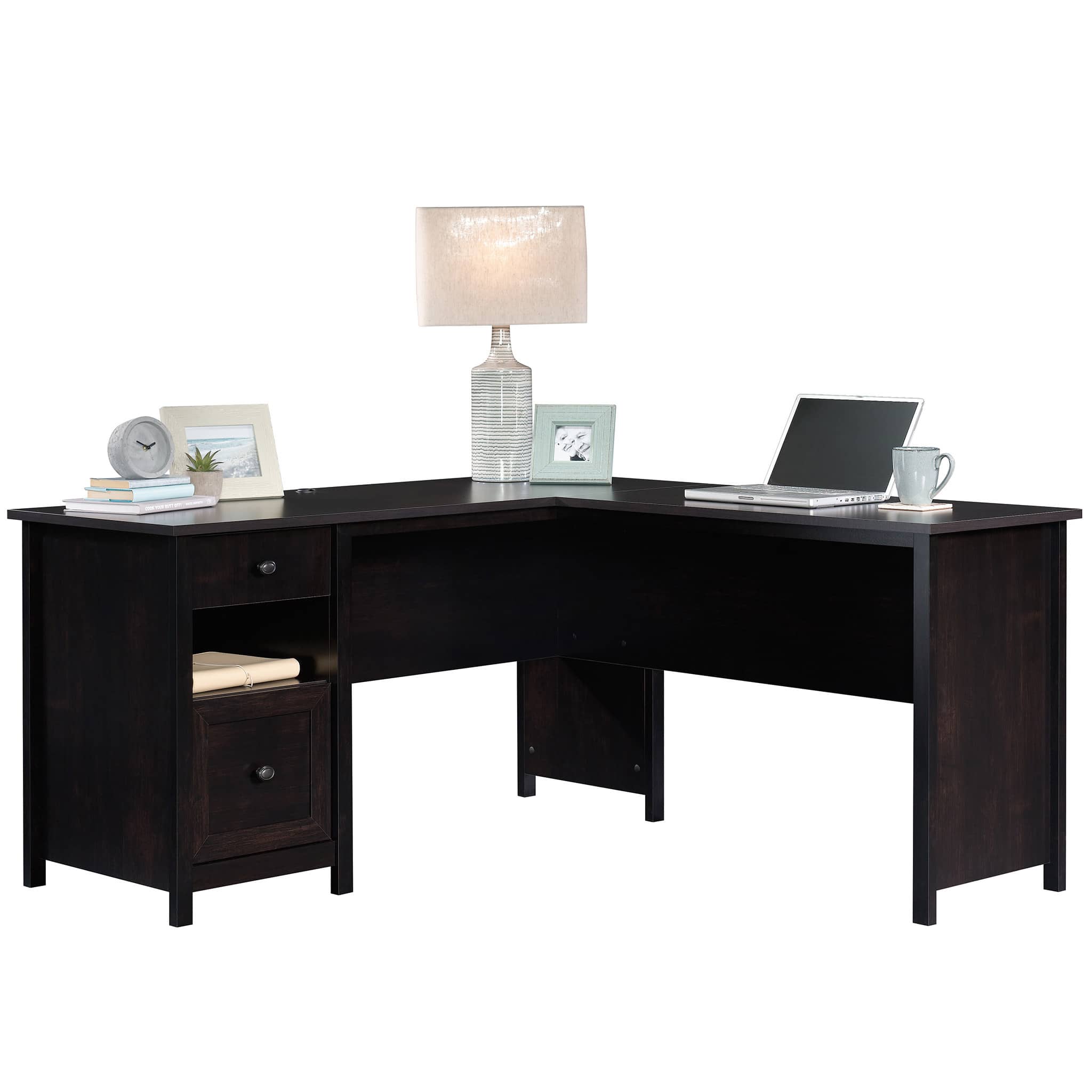 Spaco - Compact Computer L-Shaped Desk, Metal Frame, Storage Drawer, Small Space Solution - Black