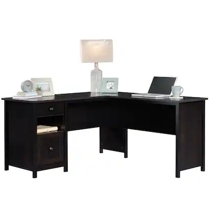 Front. Spaco - Compact Computer L-Shaped Desk, Metal Frame, Storage Drawer, Small Space Solution - Black.