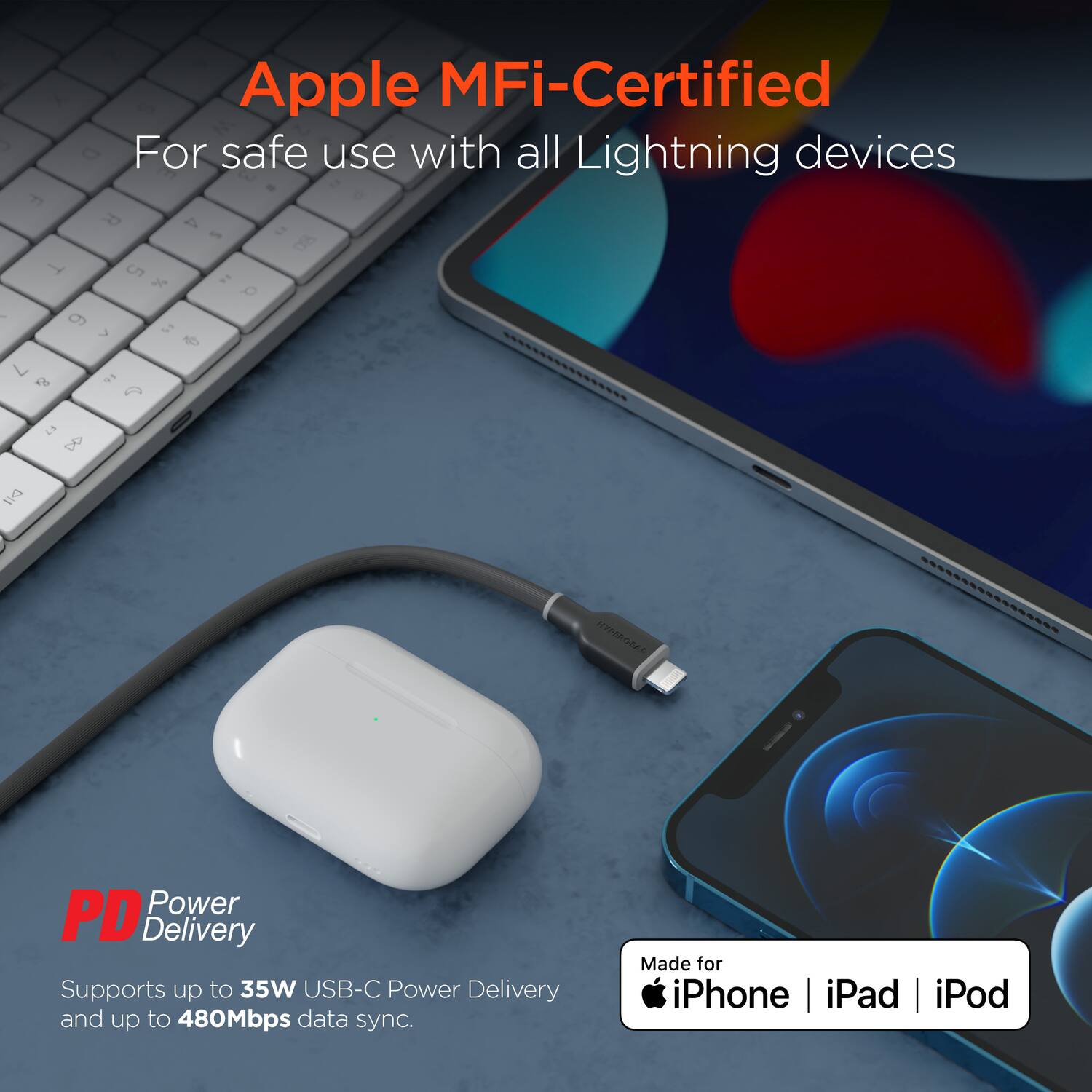 Apple MFi-Certified  
For safe use with all Lightning devices  

PD Power Delivery  
Supports up to 35W USB-C Power Delivery and up to 480Mbps data sync.  

Made for iPhone | iPad | iPod