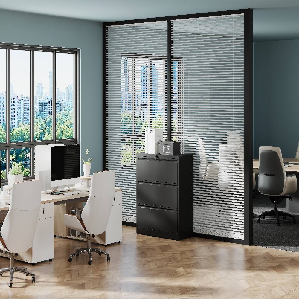 Alt View 9. Loheer - Loheer 3 Drawer Lateral File Cabinet Heavy Duty Locking Metal Filing Cabinet Black 35.4 Inch Wide.