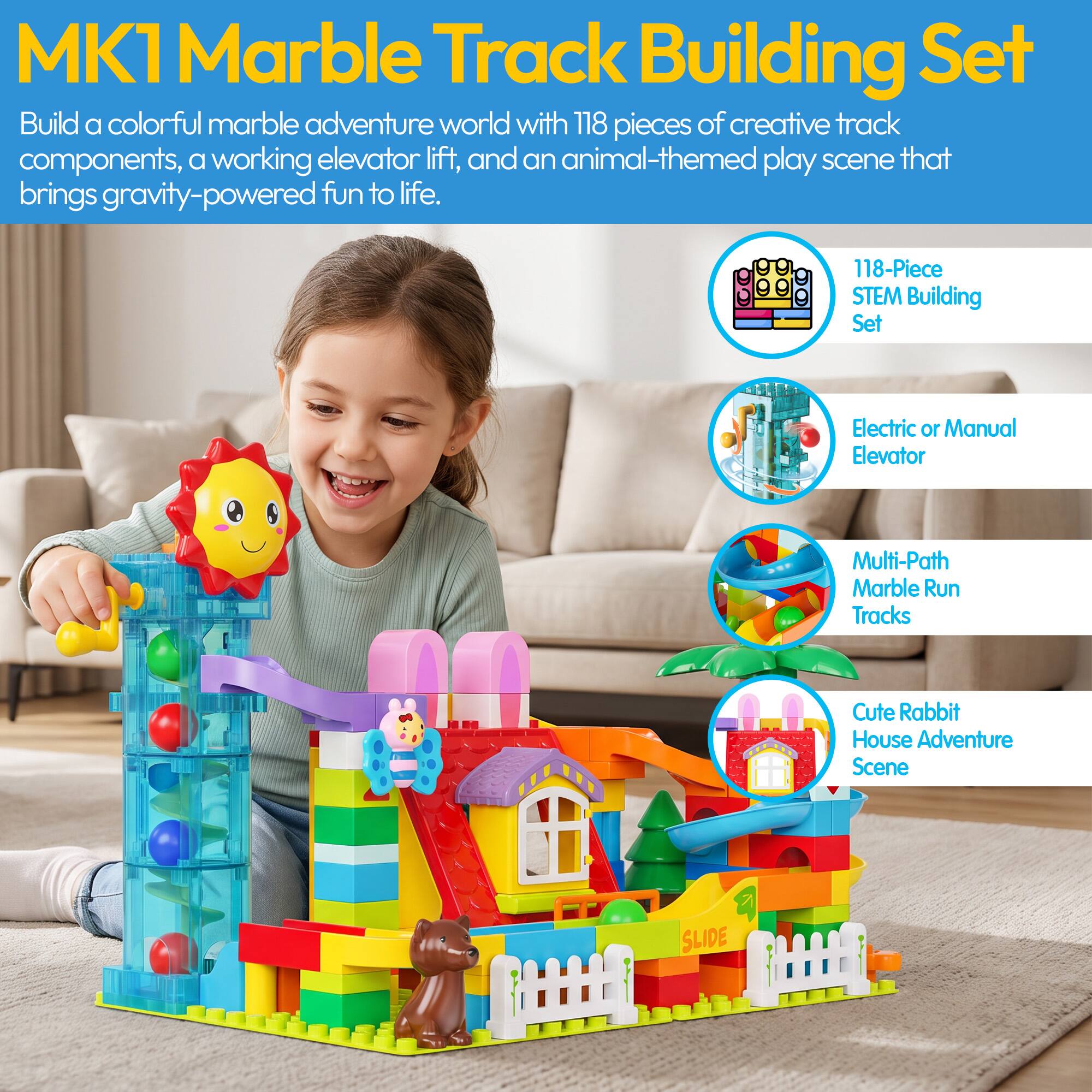 MK1 Marble Track Building Set

Build a colorful marble adventure world with 118 pieces of creative track components, a working elevator lift, and an animal-themed play scene that brings gravity-powered fun to life.

118-Piece STEM Building Set
Electric or Manual Elevator
Multi-Path Marble Run Tracks
Cute Rabbit House Adventure Scene