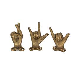 Zeckos - Set of 3 Antique Gold Cast Iron Hand Gesture Wall Hooks - Yellow