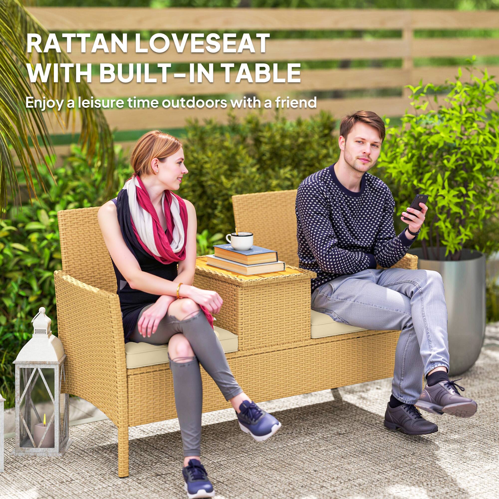 RATTAN LOVESEAT WITH BUILT-IN TABLE  
Enjoy a leisure time outdoors with a friend