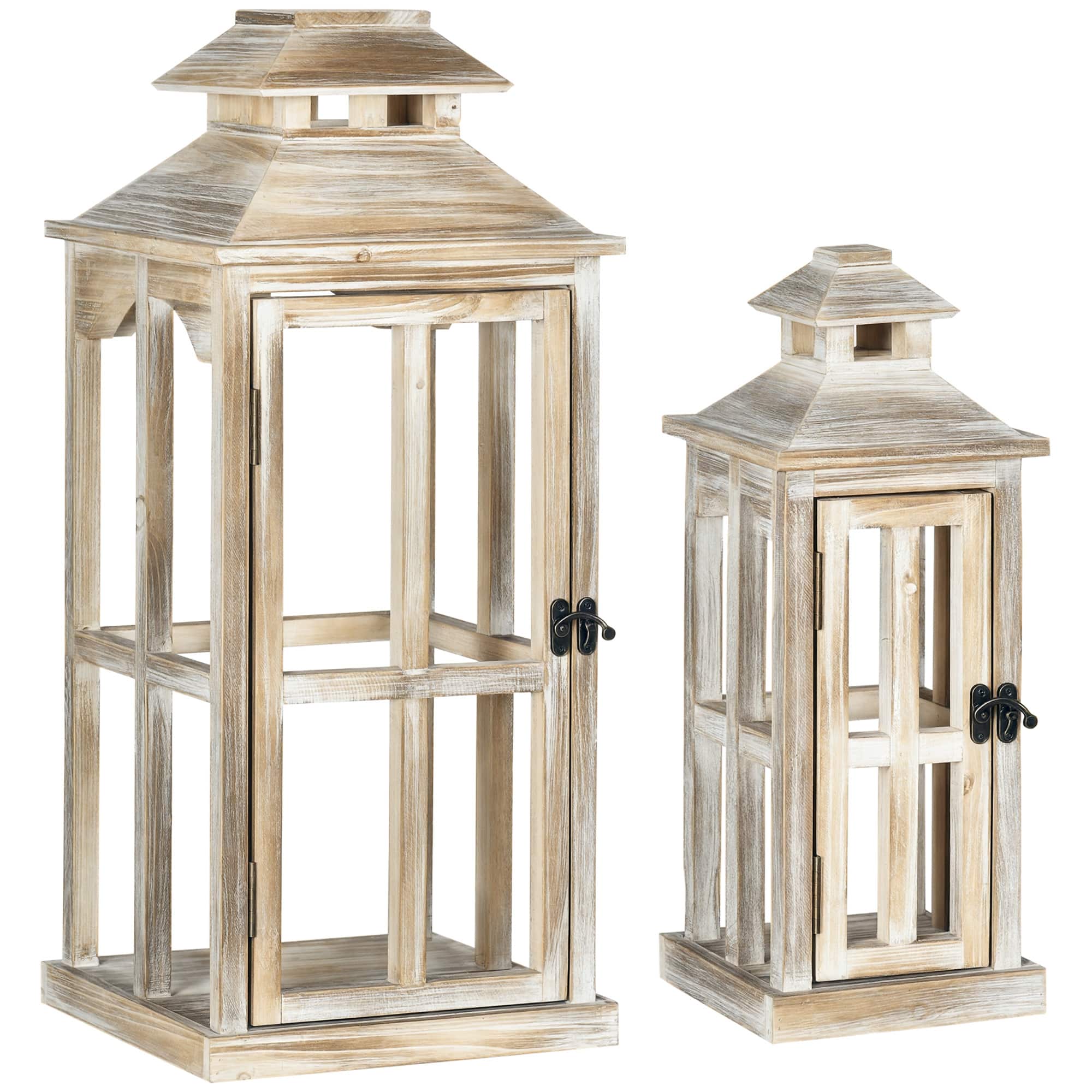 Homcom - 2 Pack 28"/20" Large Rustic Wooden Lantern Decorative, Indoor/Outdoor Lantern for Home Décor (No Glass), Natural - Natural Wood