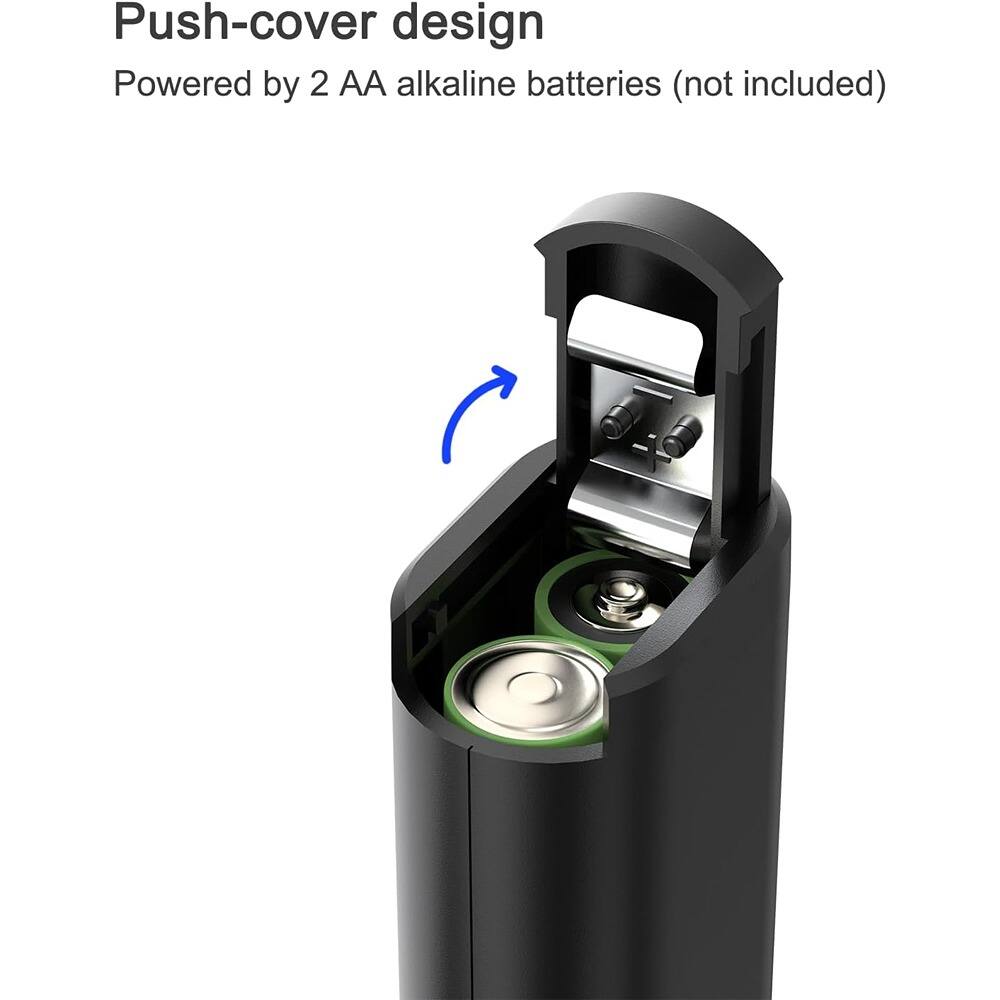 Push-cover design  
Powered by 2 AA alkaline batteries (not included)