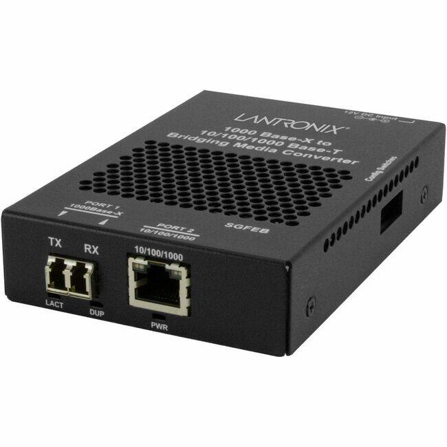 12V00 mput 1000 LANTONIX Bridging 10/100/1000 Base-X to Media Base-T Converter Sailches Cofe 1000Base-X PORT f PORT2 2 SGFEB TX 10/100/1000 RX 10/100/1000 1 LACT DUP PWR