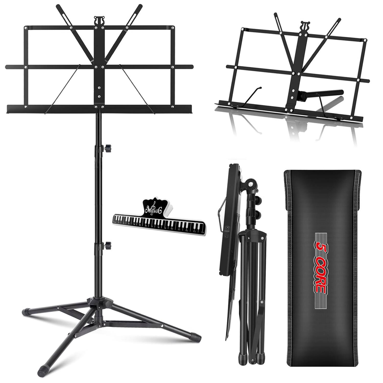 5 CORE - Music Stand Adjustable Desktop Book Stands Portable Sheet Holder All Metal Foldable Bookstand - Black