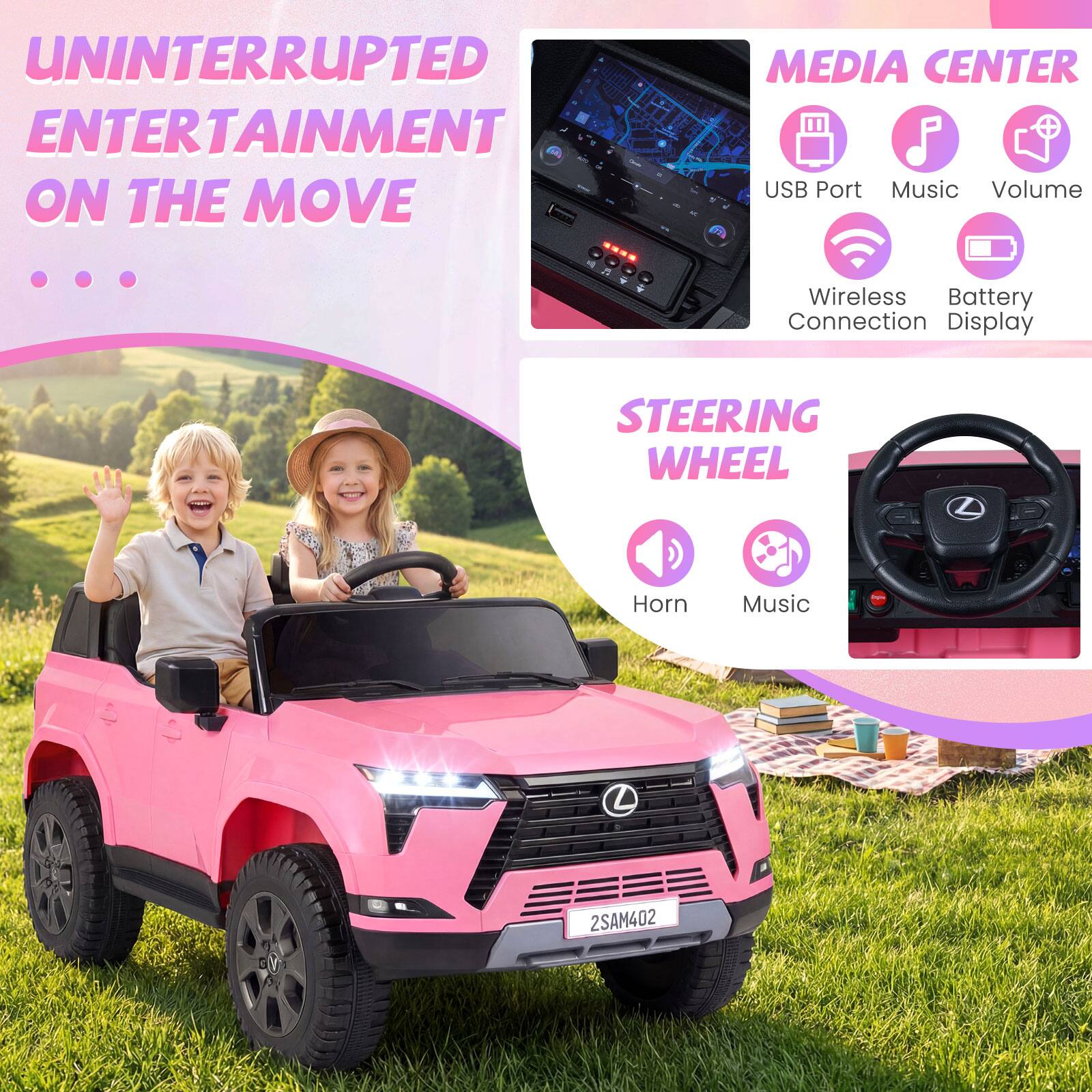 UNINTERRUPTED ENTERTAINMENT ON THE MOVE

MEDIA CENTER
- USB Port
- Music
- Volume
- Wireless Connection
- Battery Display

STEERING WHEEL
- Horn
- Music

2SAM402