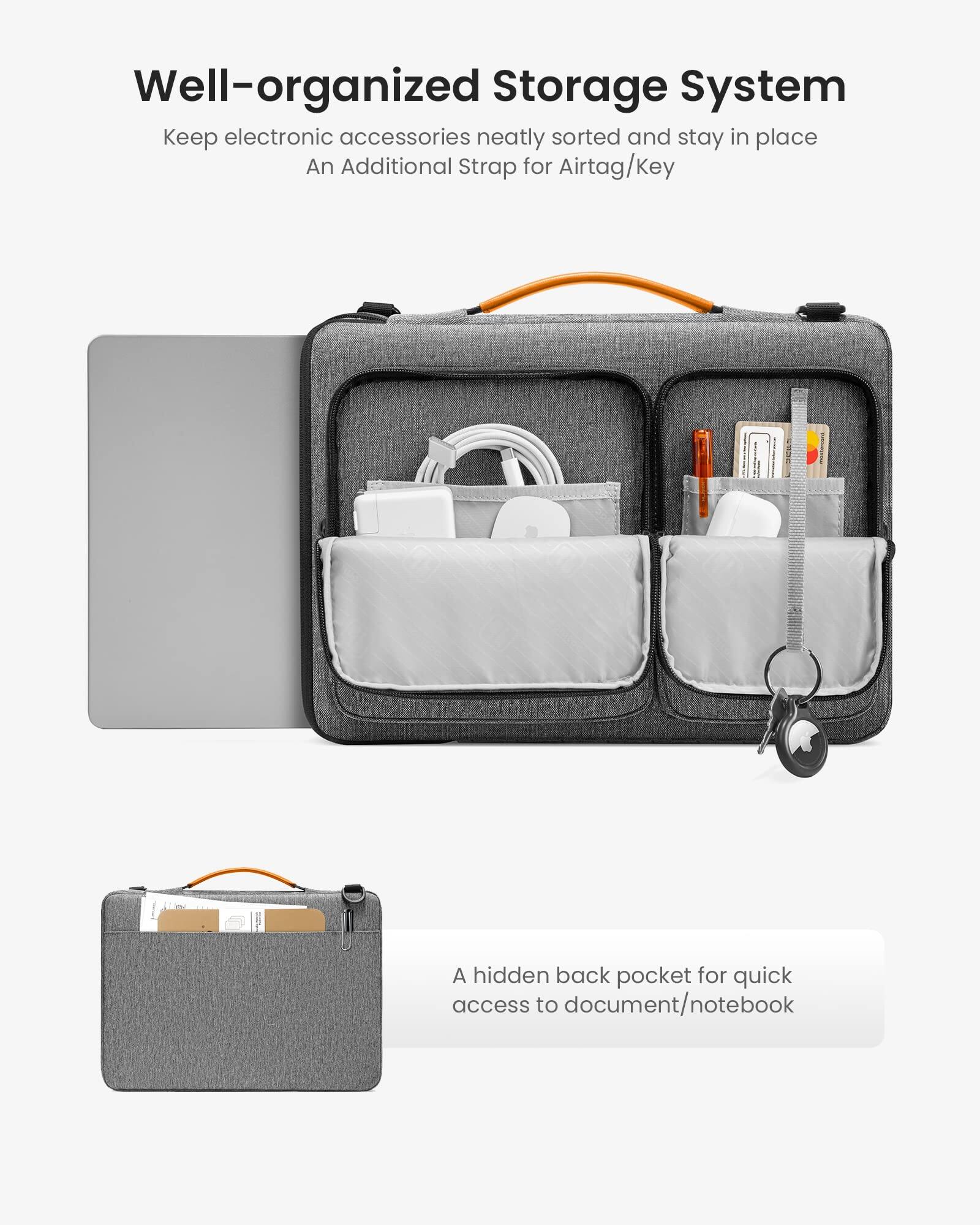 Well-organized Storage System  
Keep electronic accessories neatly sorted and stay in place  
An Additional Strap for AirTag/Key  

A hidden back pocket for quick access to document/notebook